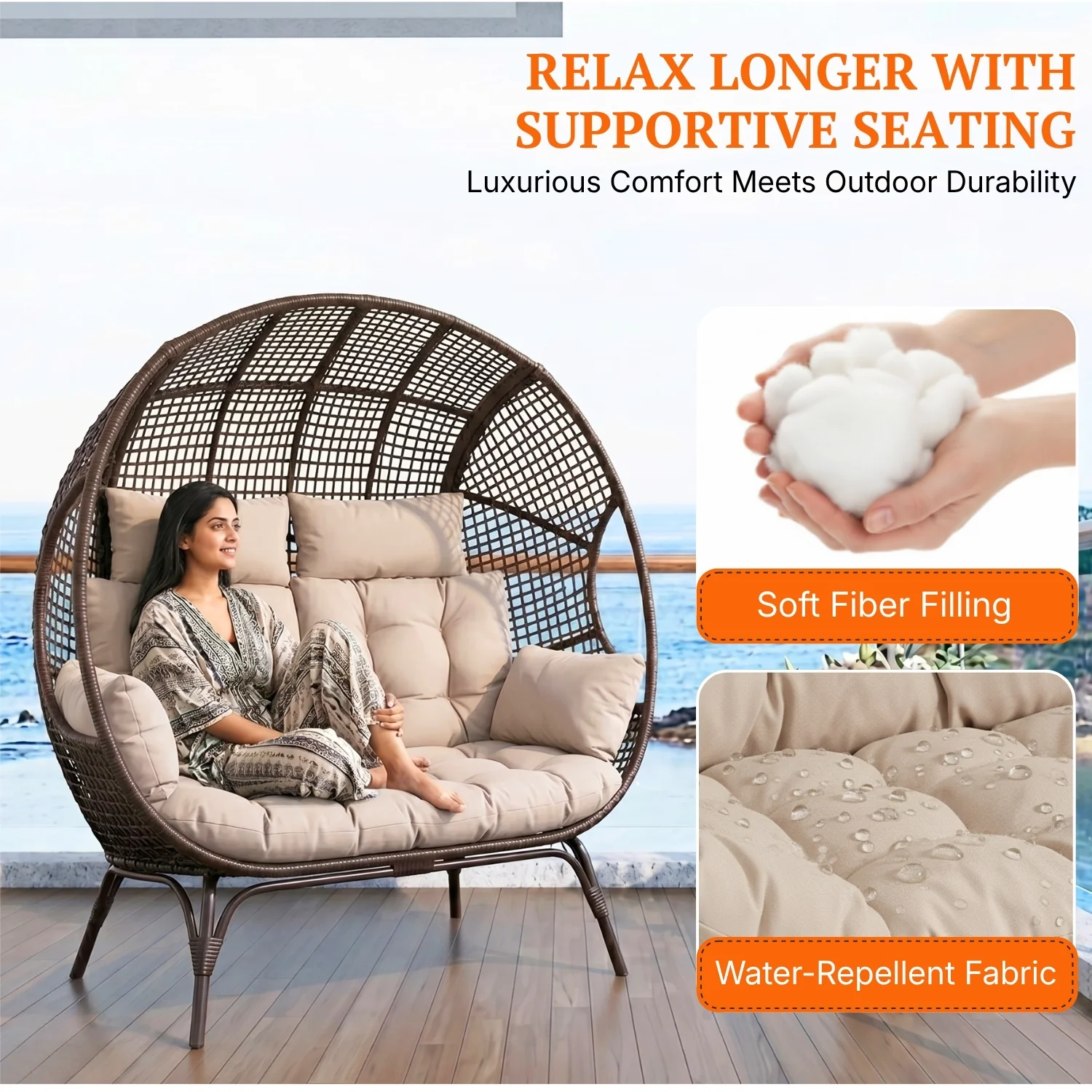 Outdoor Rattan Wicker Double Seater Egg Chair (Dark Brown & Cream) - Image 4