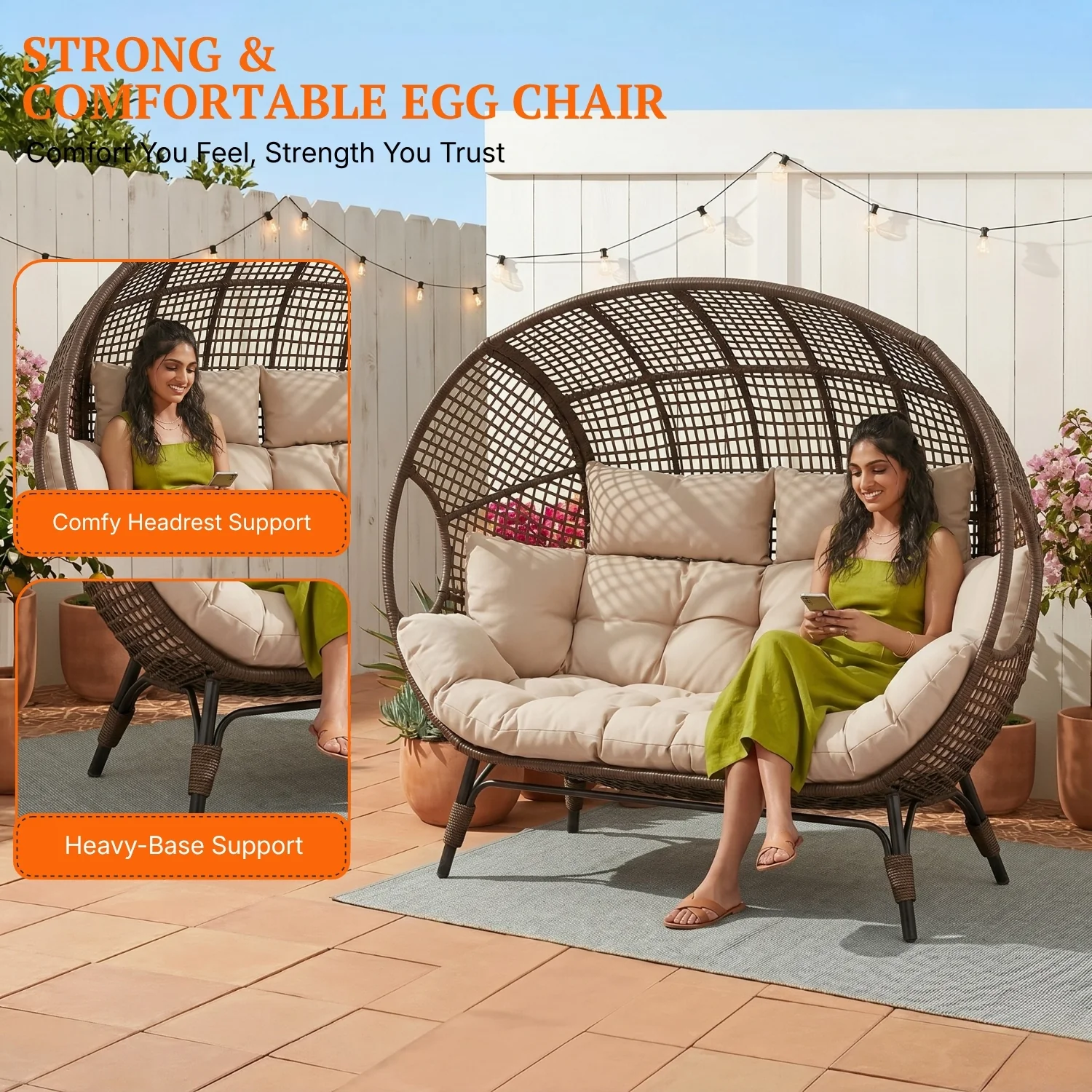 Outdoor Rattan Wicker Double Seater Egg Chair (Dark Brown & Cream) - Image 5