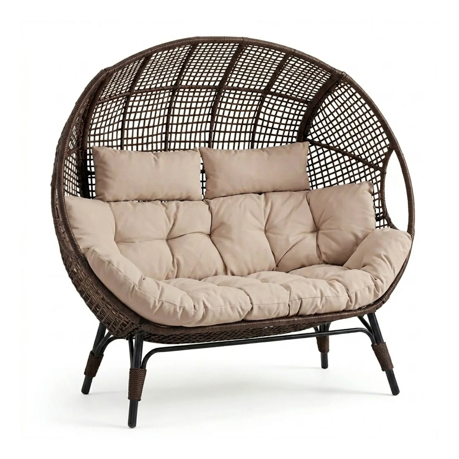 Outdoor Rattan Wicker Double Seater Egg Chair (Dark Brown & Cream) - Image 6