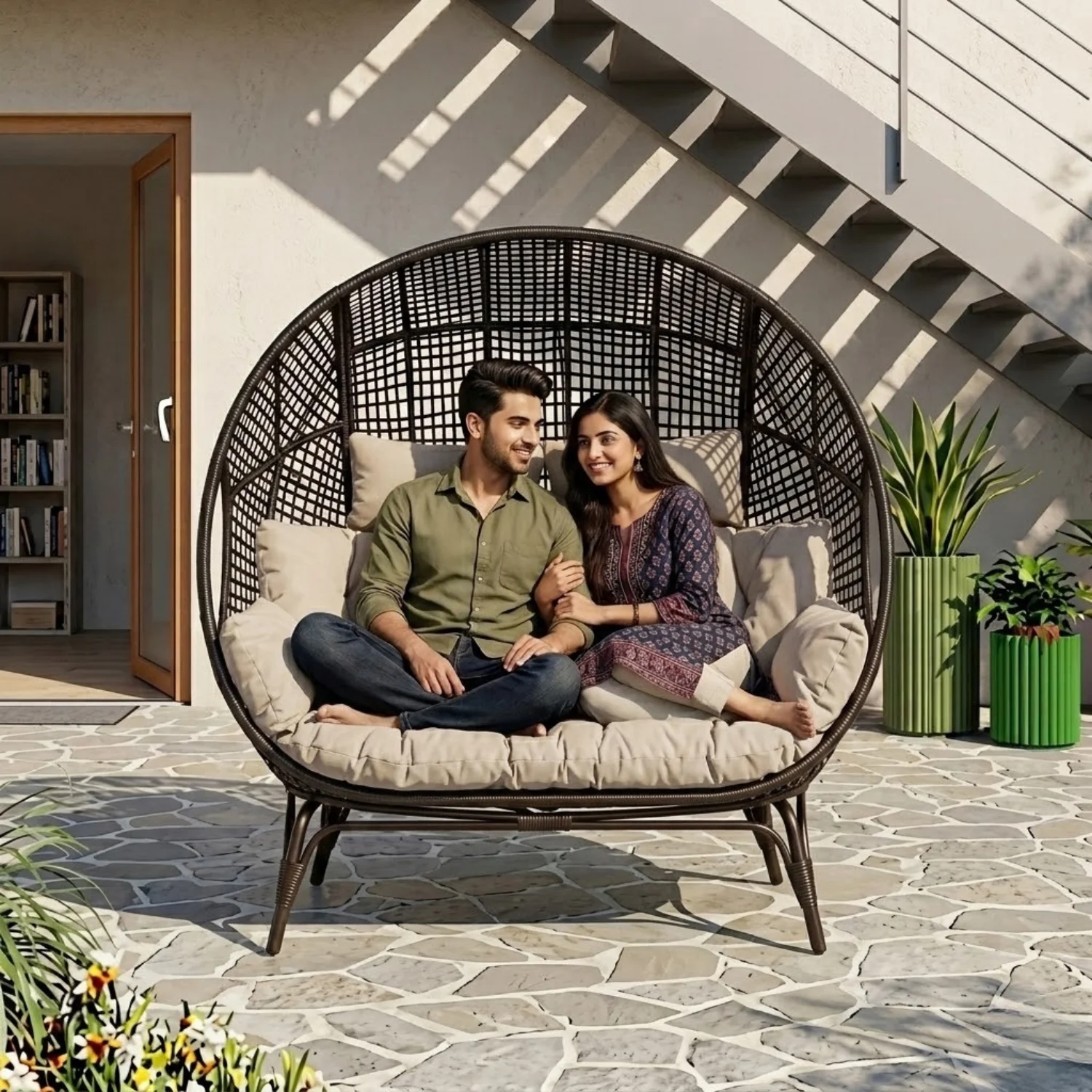Outdoor Rattan Wicker Double Seater Egg Chair (Dark Brown & Cream) - Image 7