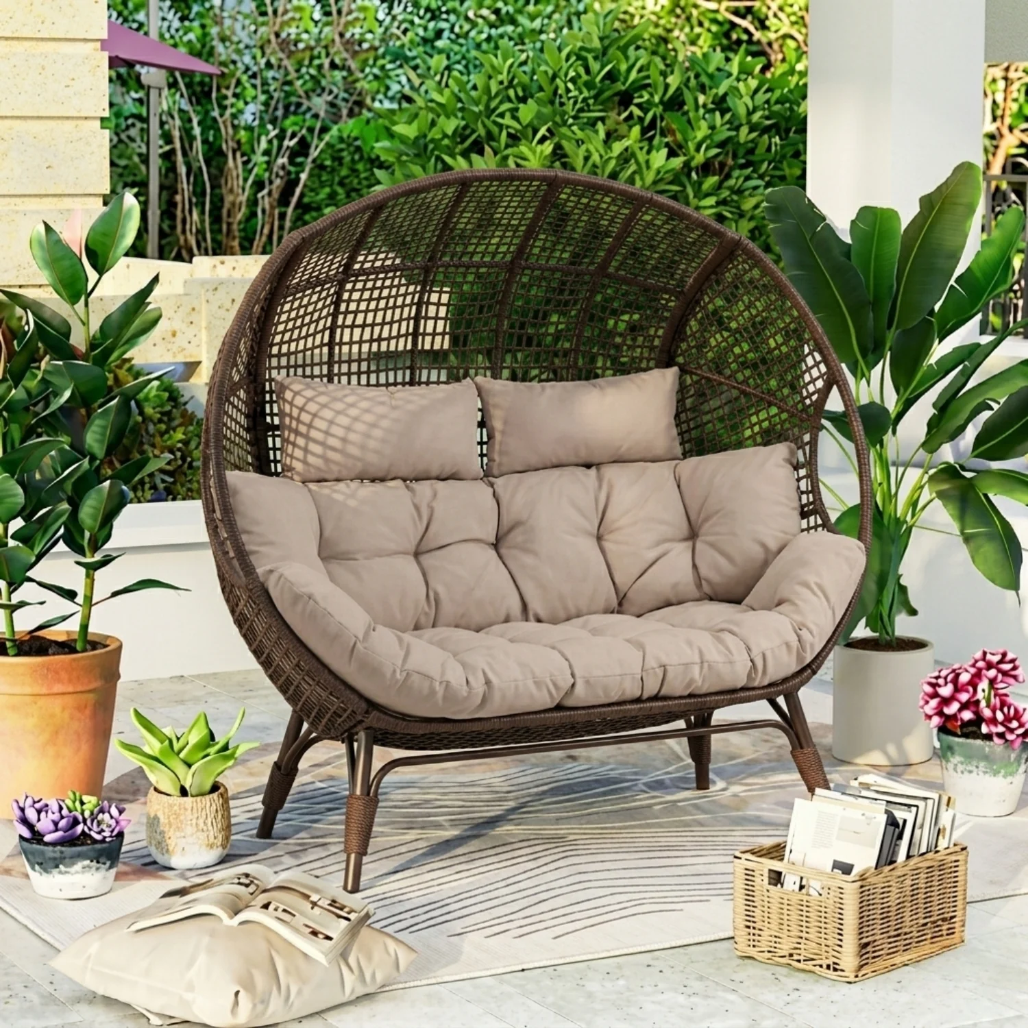 Outdoor Rattan Wicker Double Seater Egg Chair (Dark Brown & Cream) - Image 8