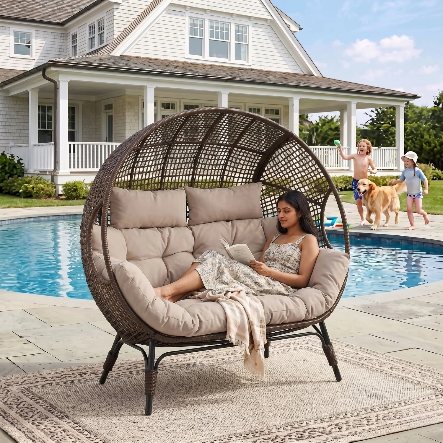Outdoor Rattan Wicker Double Seater Egg Chair (Dark Brown & Cream) - Image 9
