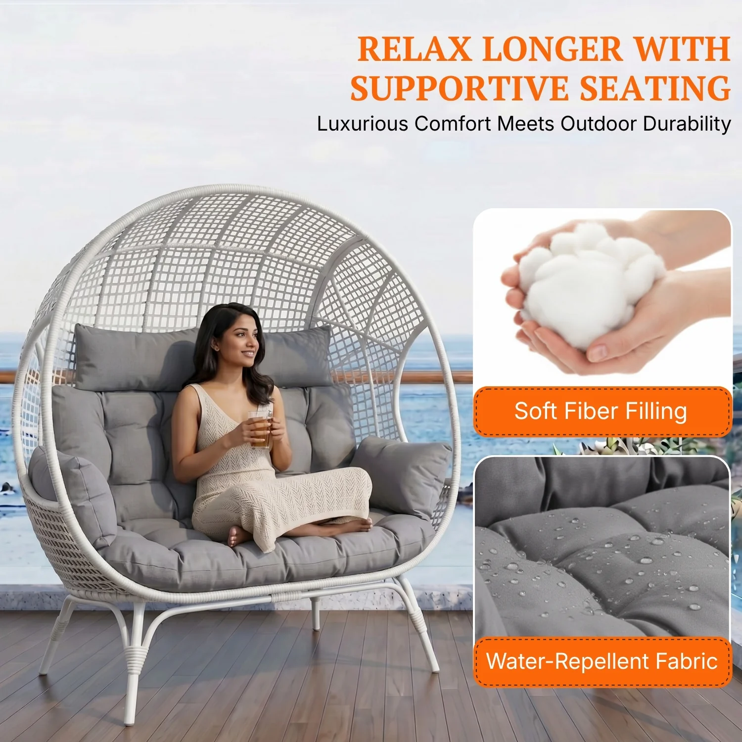 Outdoor Rattan Wicker Double Seater Egg Chair (White & Grey) - Image 4