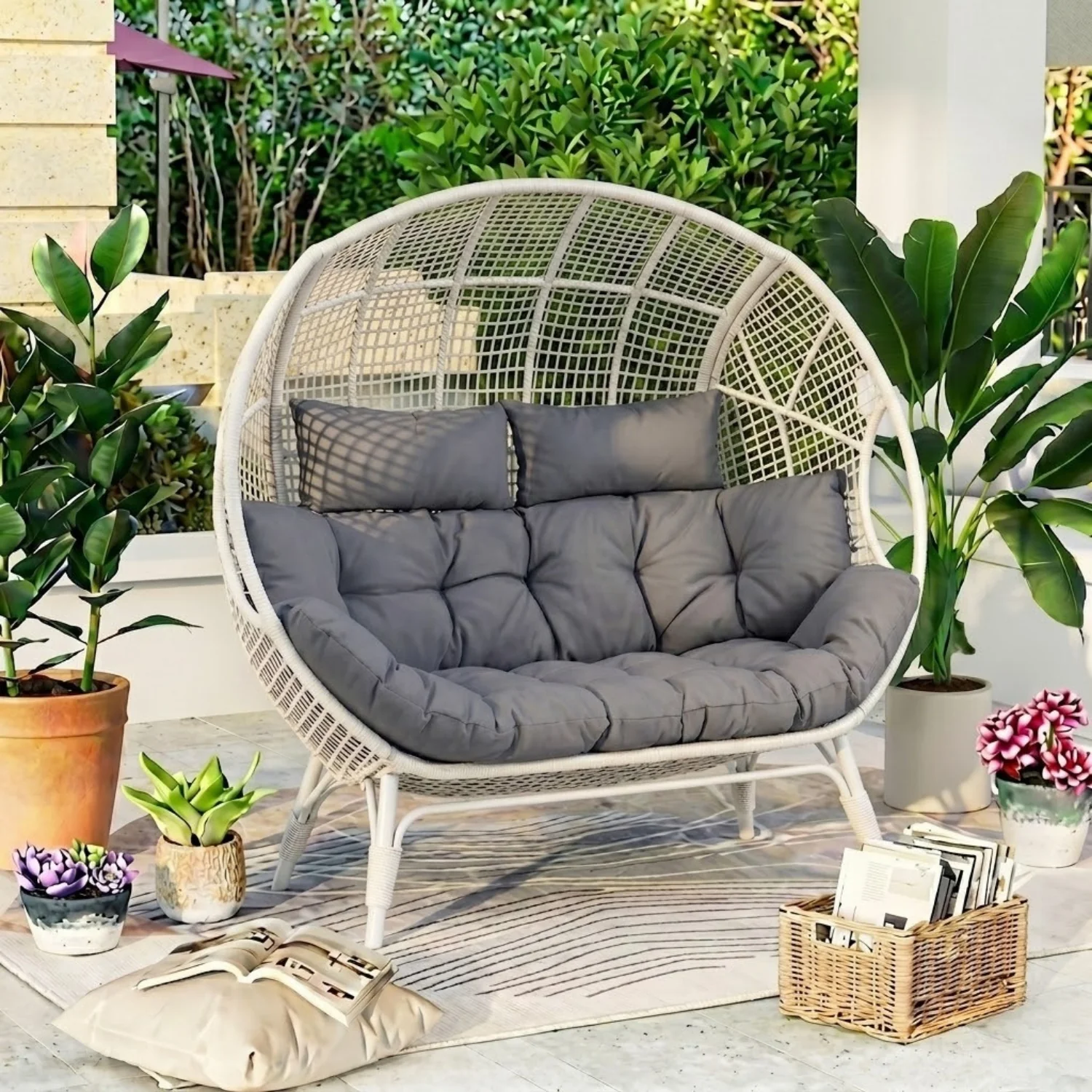 Outdoor Rattan Wicker Double Seater Egg Chair (White & Grey) - Image 8