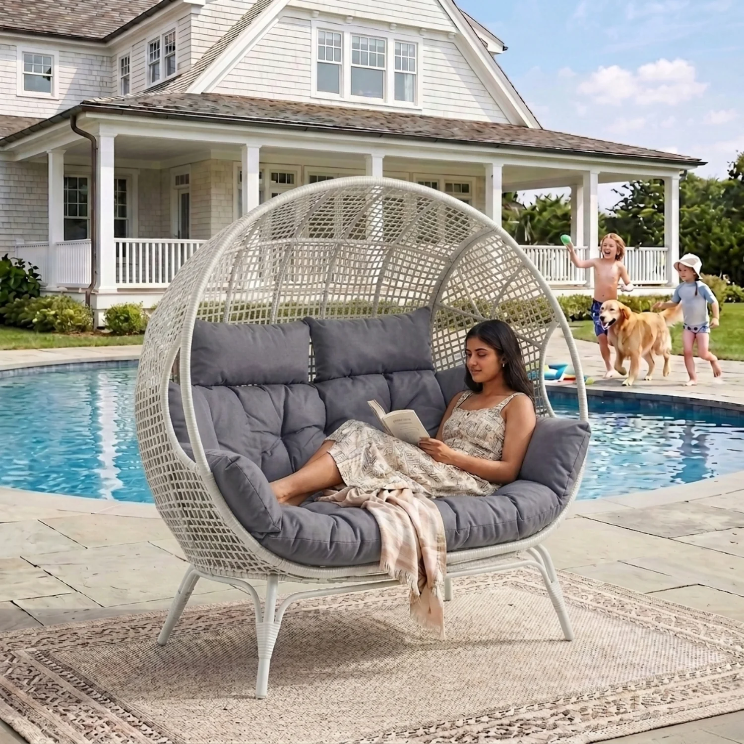 Outdoor Rattan Wicker Double Seater Egg Chair (White & Grey) - Image 9