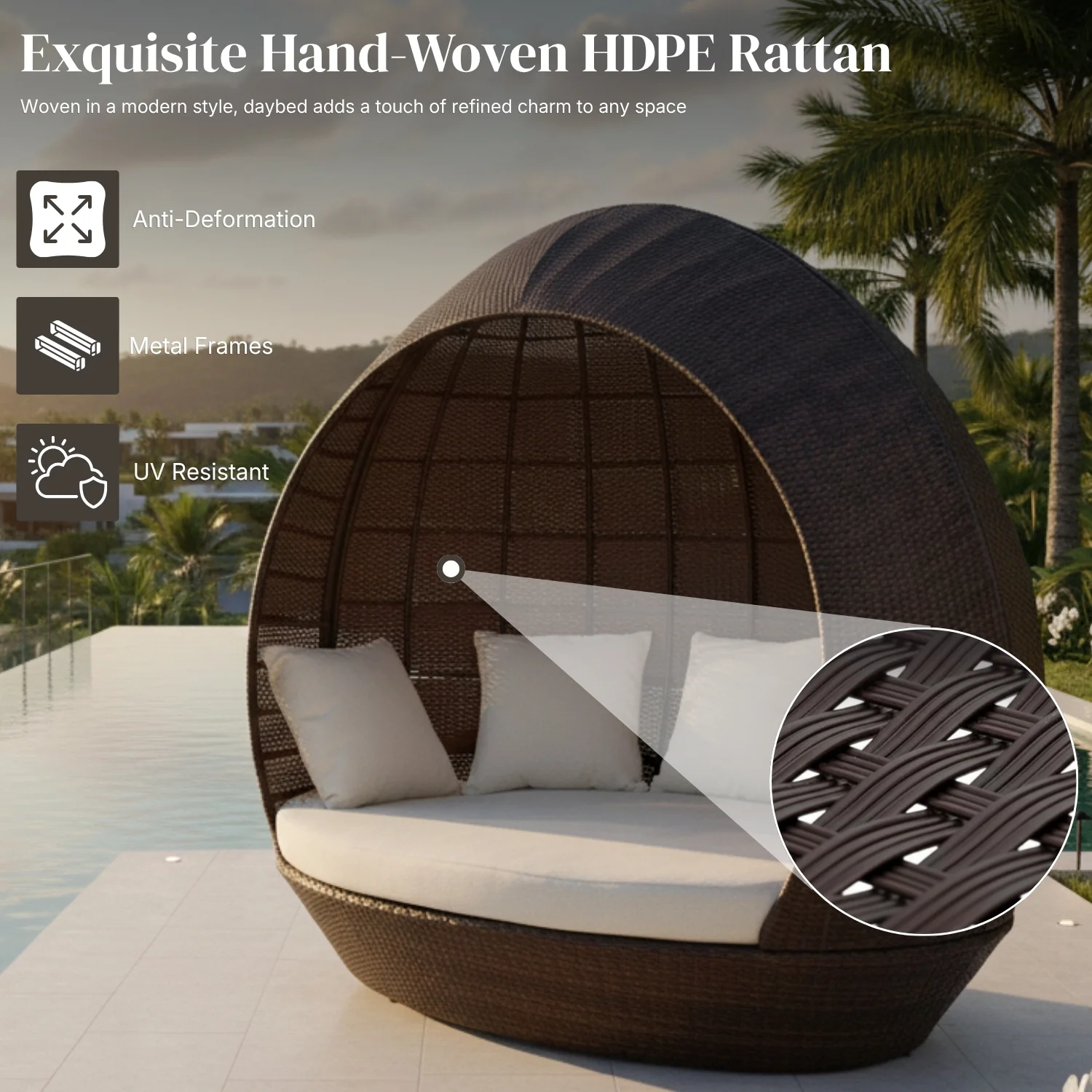 Outdoor Rattan Wicker Egg-Shaped Daybed (Dark Brown Wicker & Off-White) - Image 3