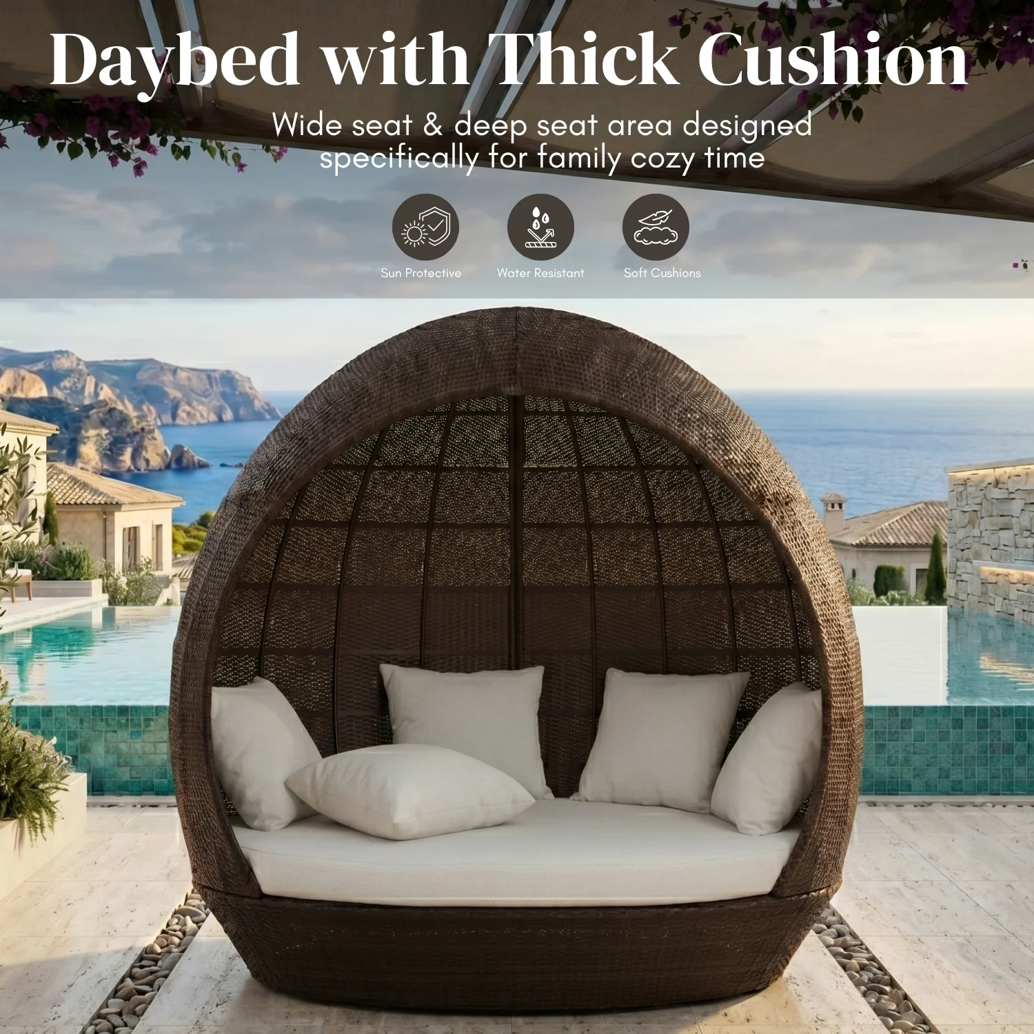 Outdoor Rattan Wicker Egg-Shaped Daybed (Dark Brown Wicker & Off-White) - Image 4