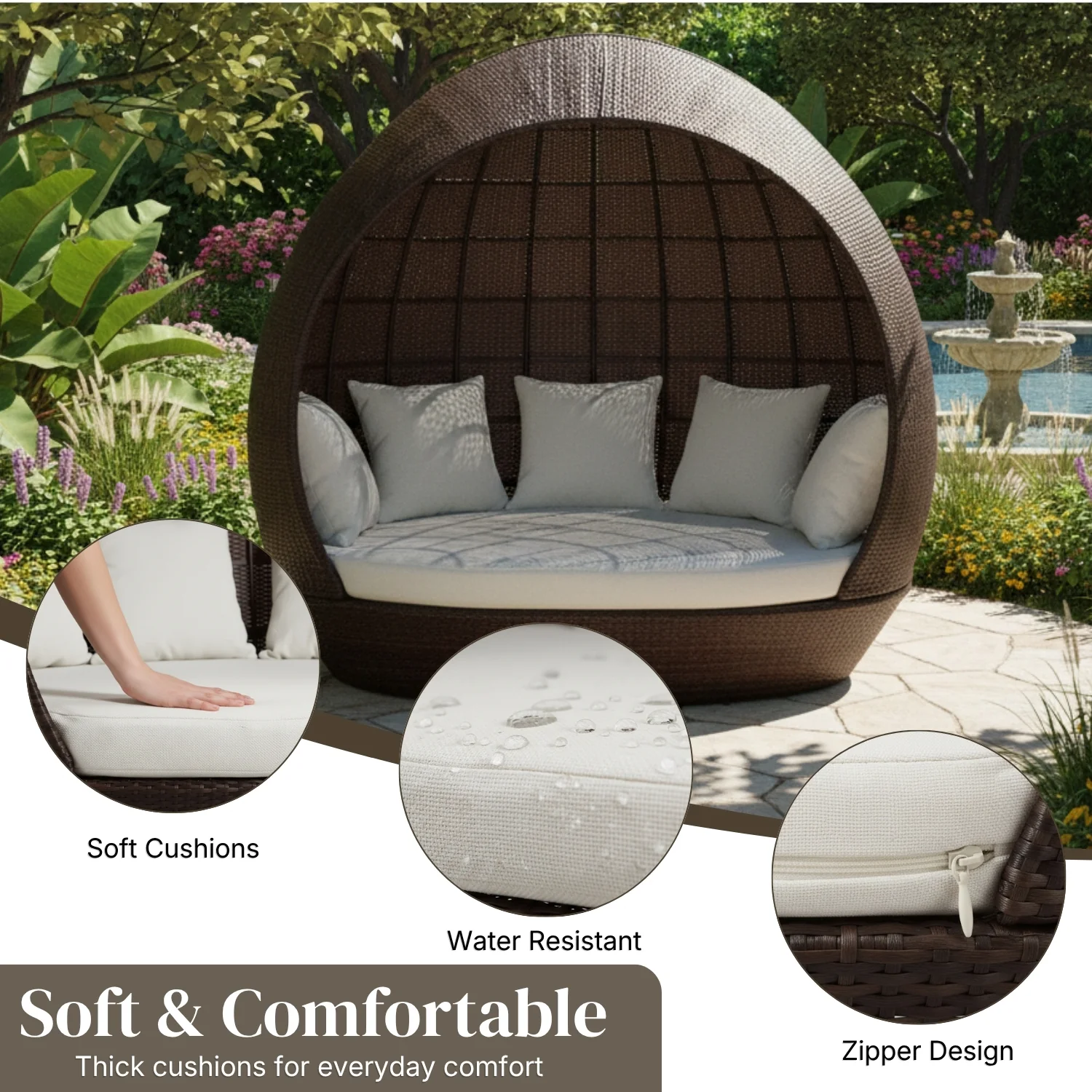 Outdoor Rattan Wicker Egg-Shaped Daybed (Dark Brown Wicker & Off-White) - Image 5