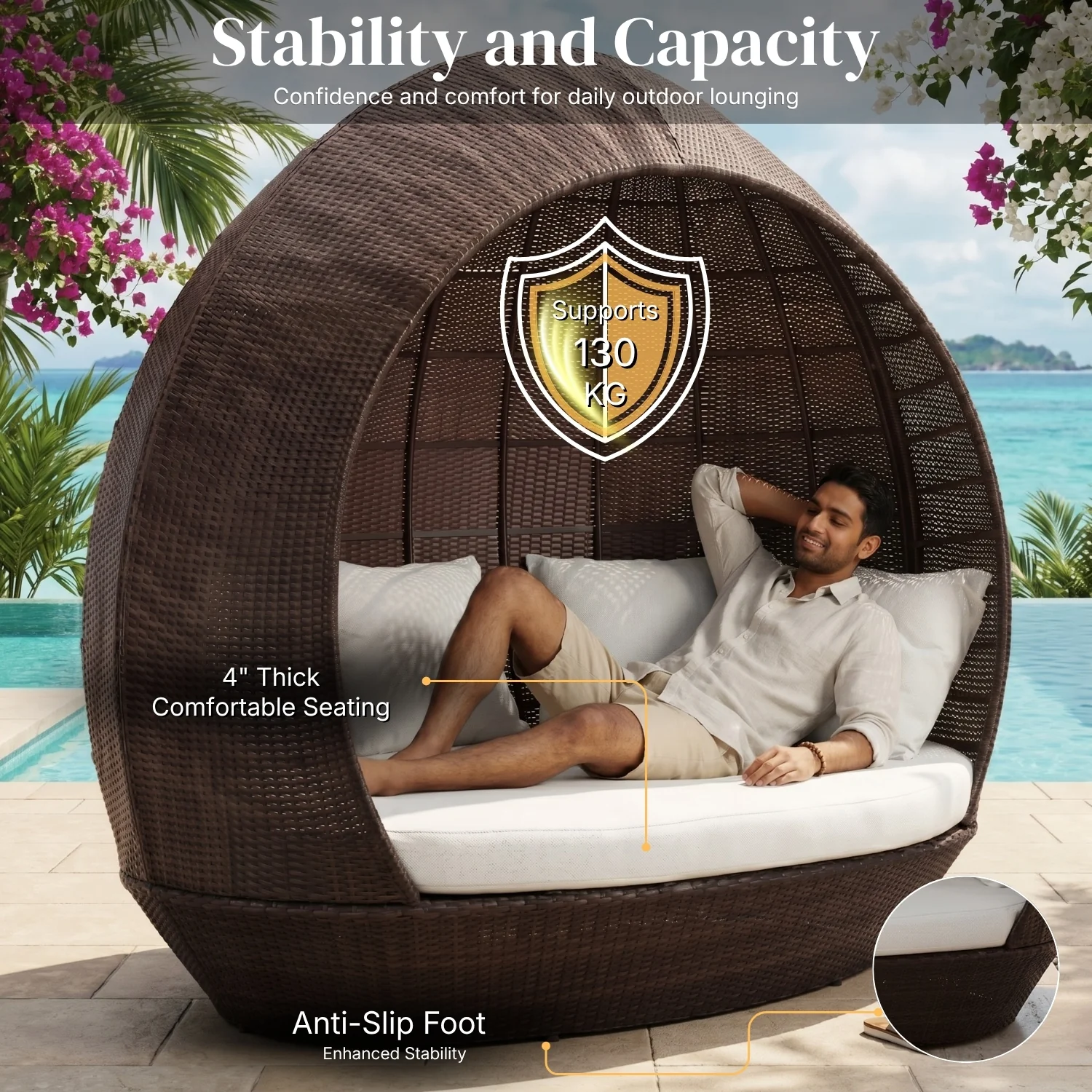Outdoor Rattan Wicker Egg-Shaped Daybed (Dark Brown Wicker & Off-White) - Image 6