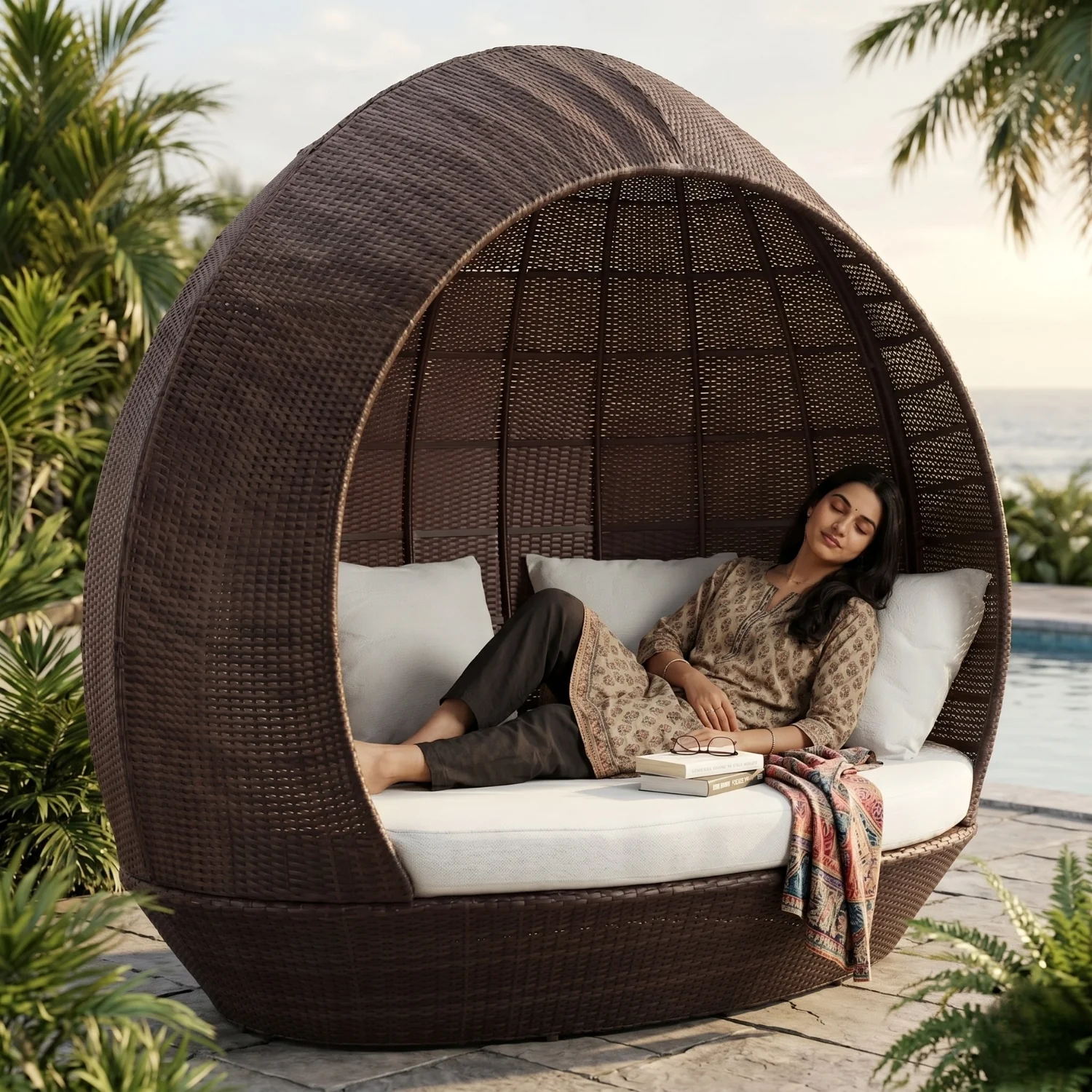 Outdoor Rattan Wicker Egg-Shaped Daybed (Dark Brown Wicker & Off-White) - Image 8