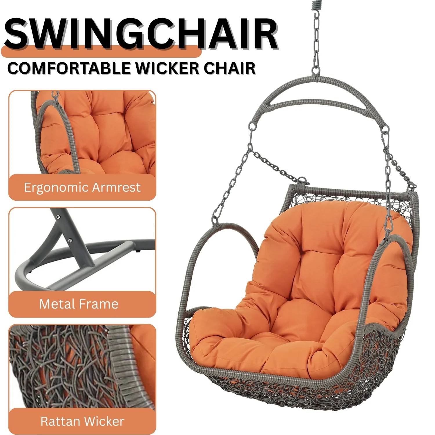 Outdoor Rattan Wicker Hanging Swing Chair with Cushion - Image 4