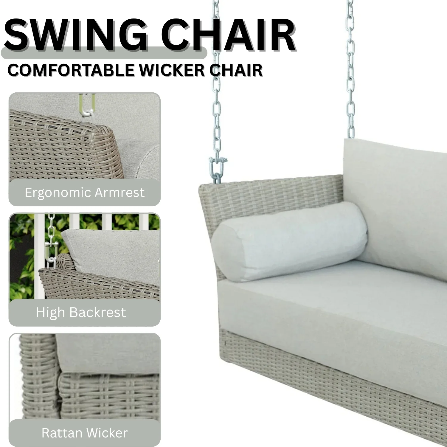 Outdoor Rattan Wicker Hanging Swing Chair with Cushion - Image 5