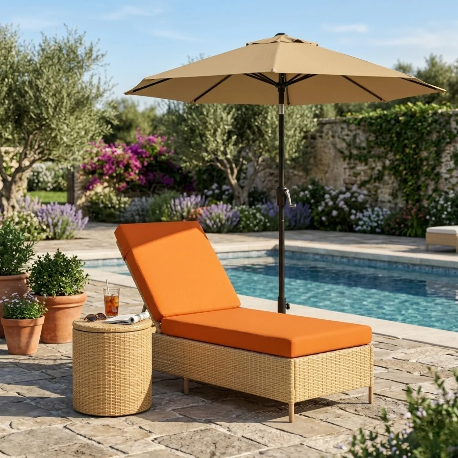 Outdoor Wicker Rattan Lounger Set of 2 with Patio Umbrella (Beige & Orange) - Image 10