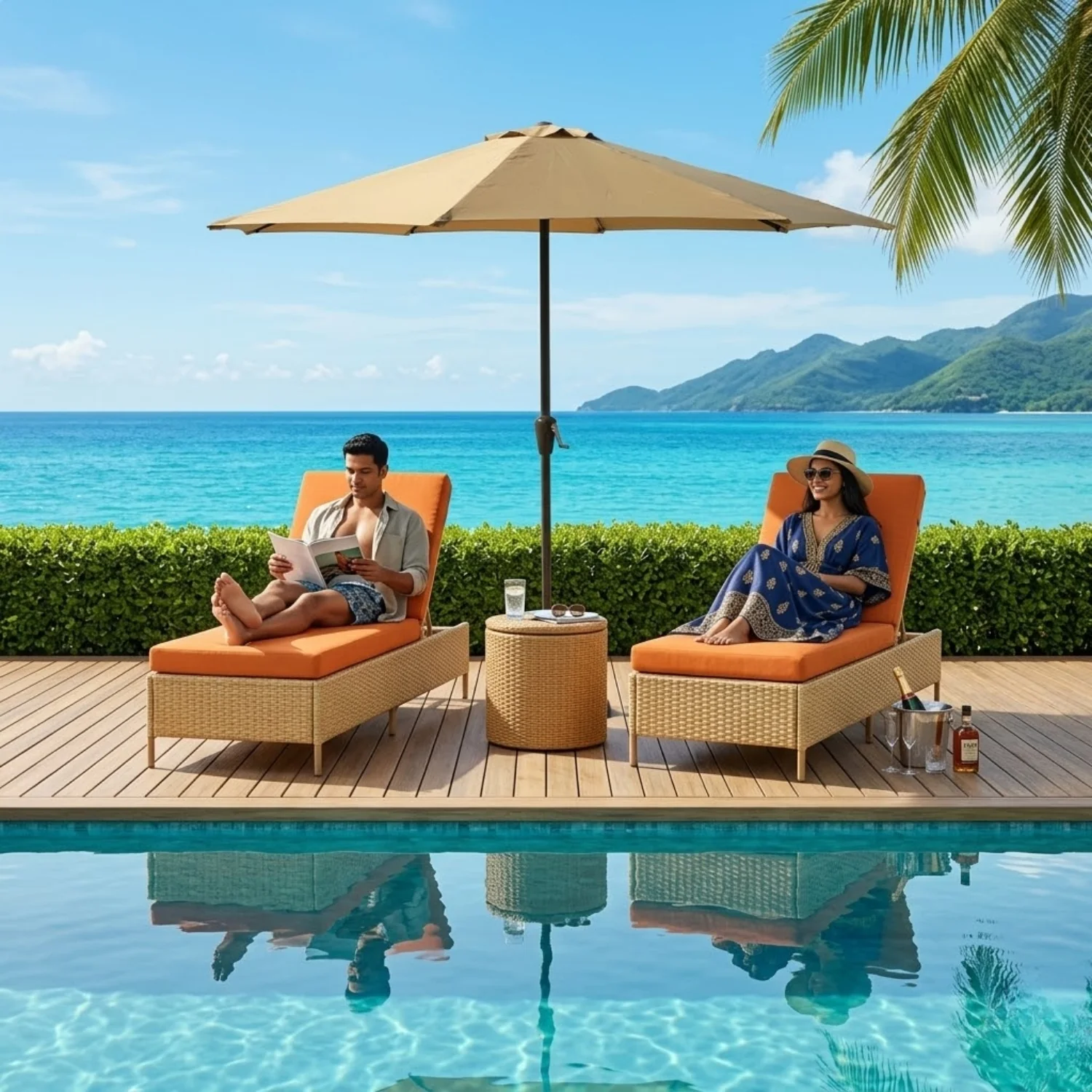 Outdoor Wicker Rattan Lounger Set of 2 with Patio Umbrella (Beige & Orange) - Image 11