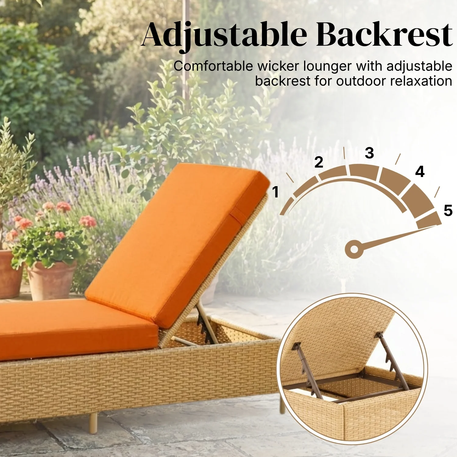 Outdoor Wicker Rattan Lounger Set of 2 with Patio Umbrella (Beige & Orange) - Image 6