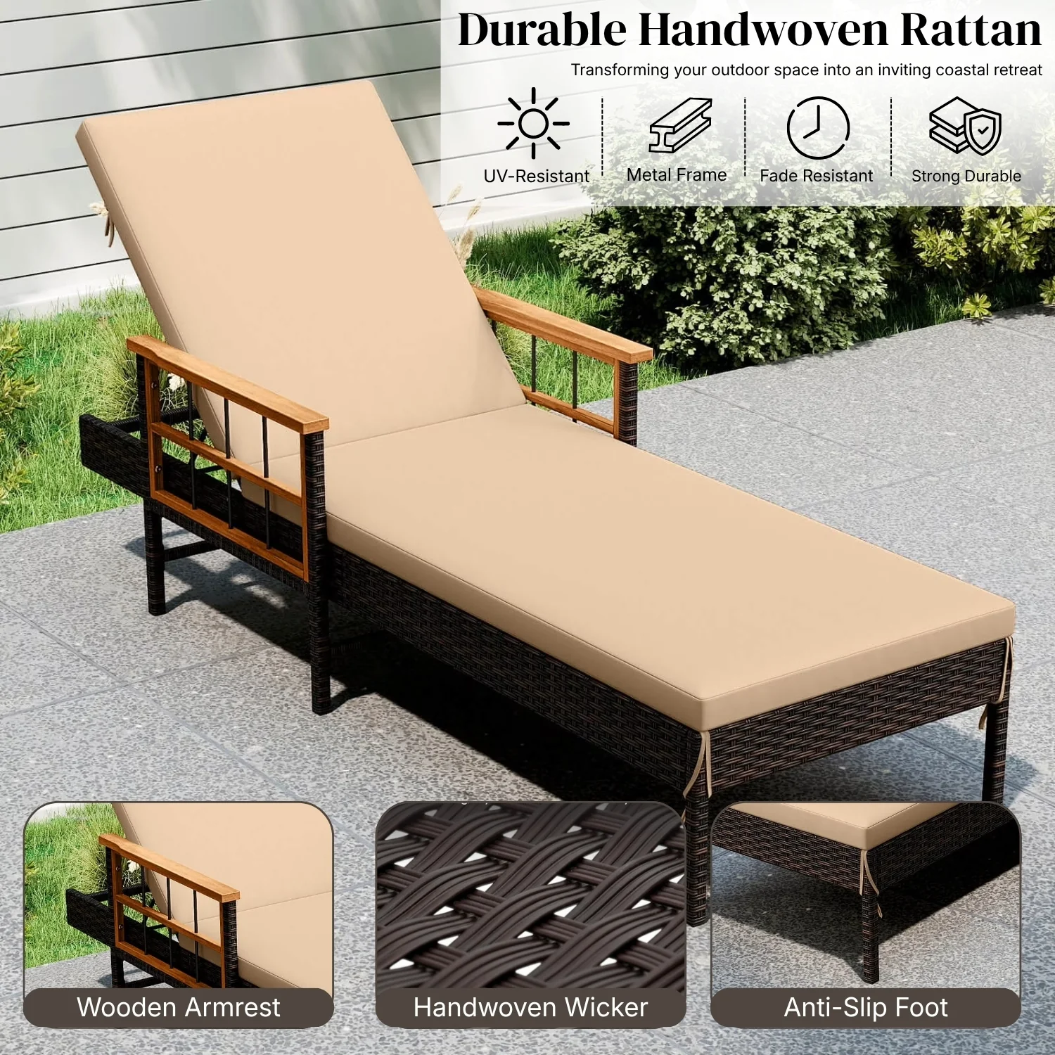 Outdoor Rattan Wicker Lounger Set with Sheesham Wood Top Table - Image 5