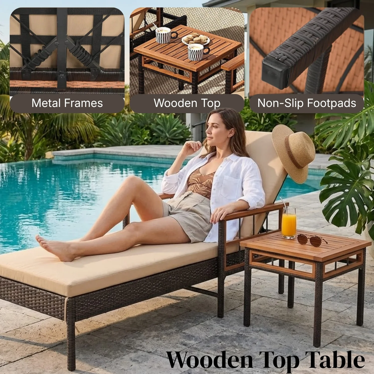 Outdoor Rattan Wicker Lounger Set with Sheesham Wood Top Table - Image 6