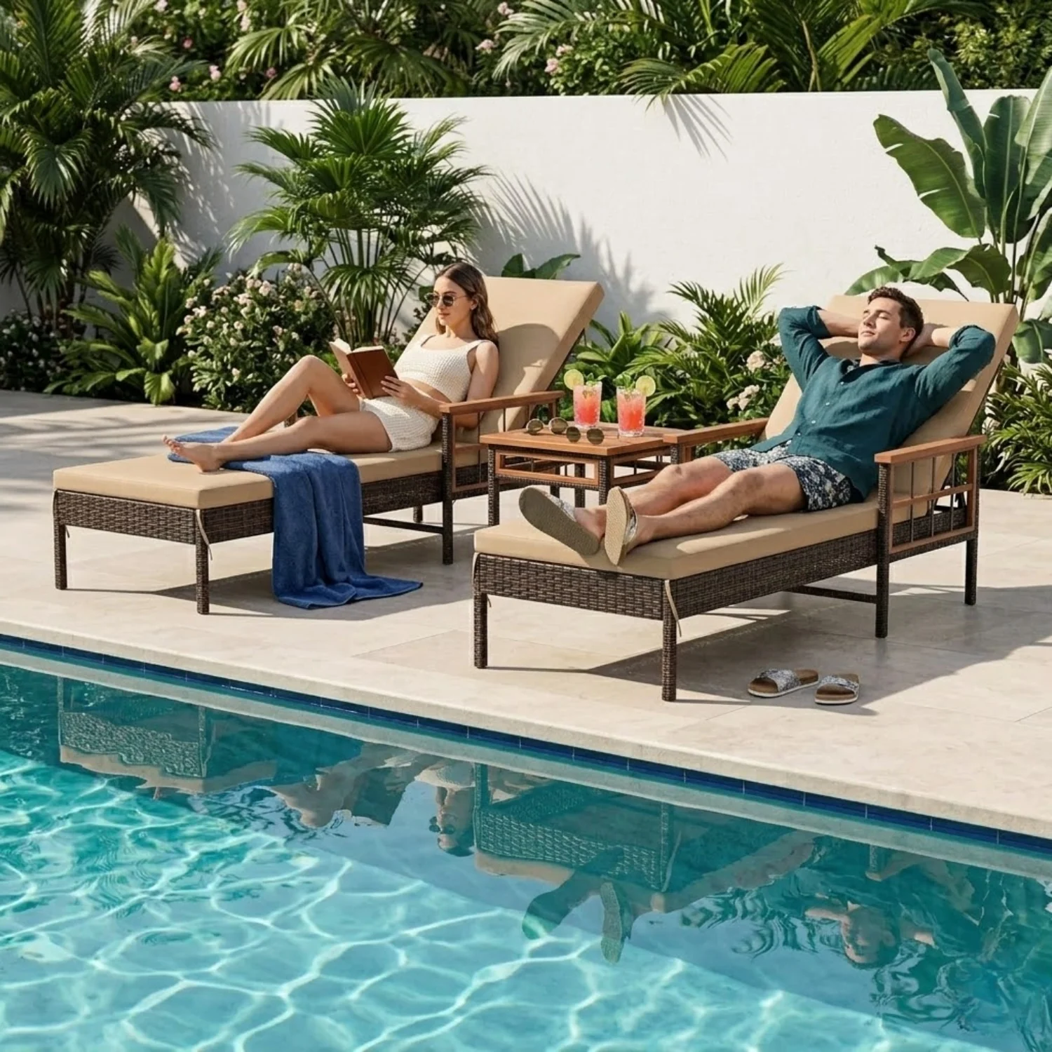 Outdoor Rattan Wicker Lounger Set with Sheesham Wood Top Table - Image 8