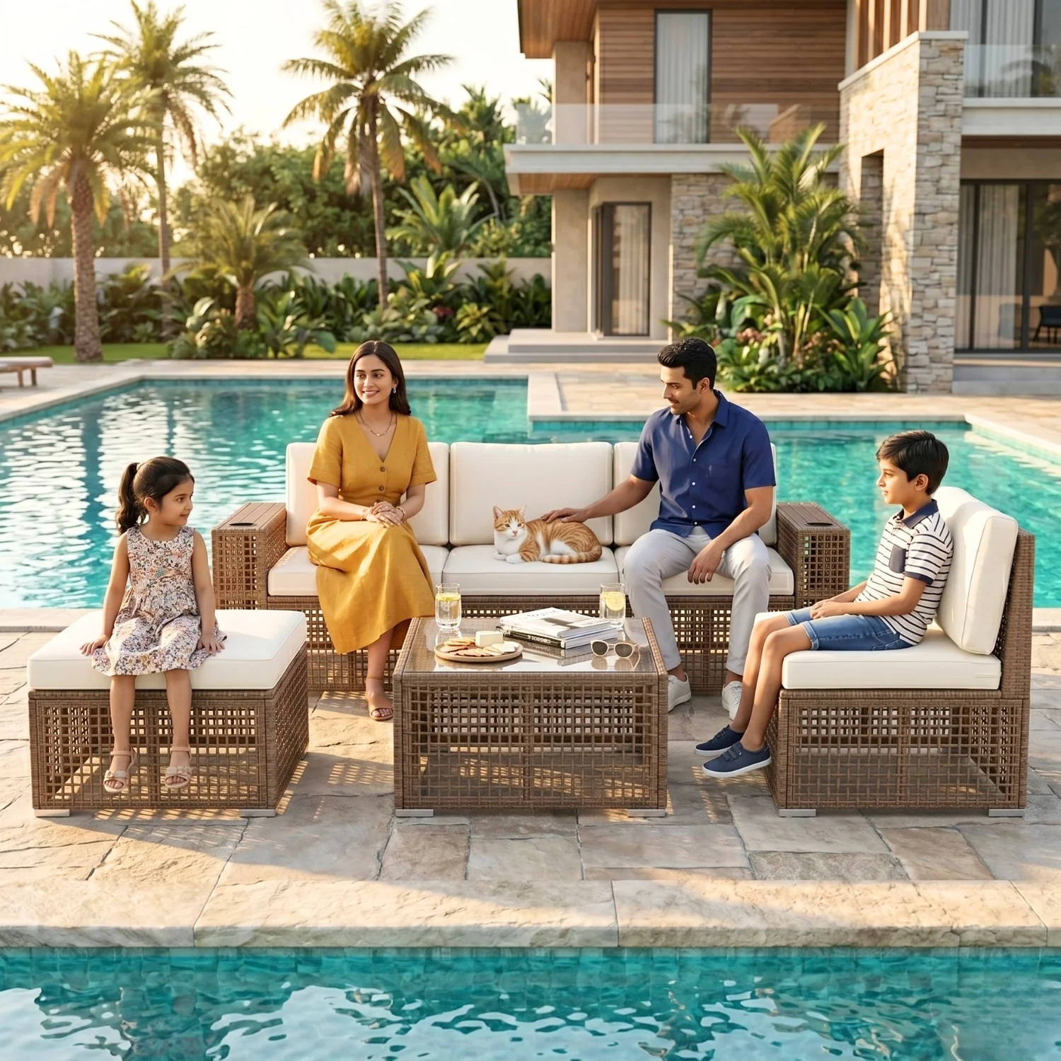 Outdoor Rattan Wicker Patio Conversation Furniture Set (Dark Brown & Cream) - Image 12
