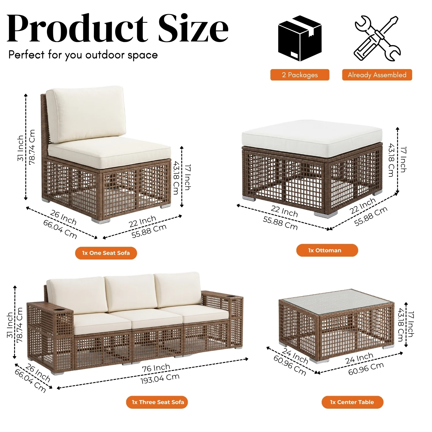 Outdoor Rattan Wicker Patio Conversation Furniture Set (Dark Brown & Cream) - Image 2