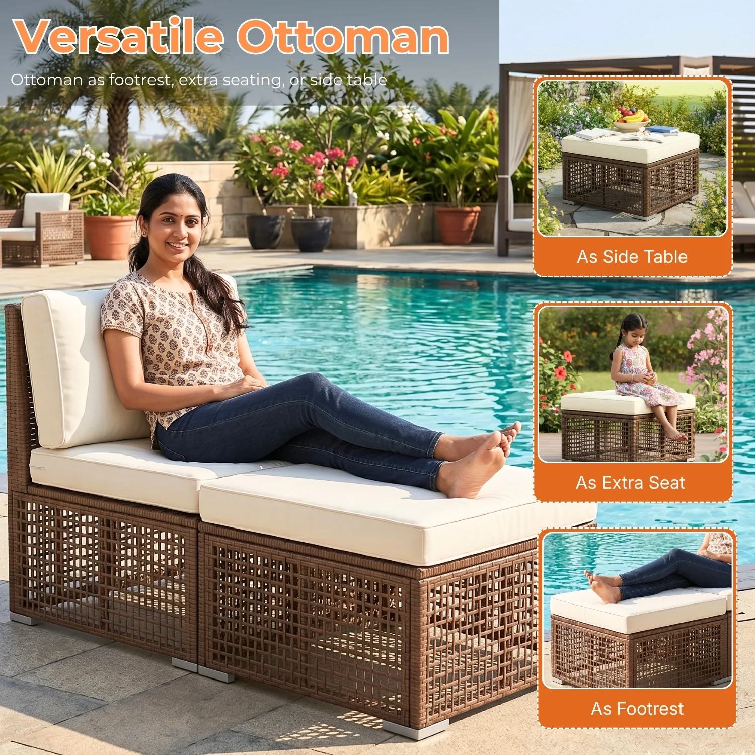 Outdoor Rattan Wicker Patio Conversation Furniture Set (Dark Brown & Cream) - Image 3