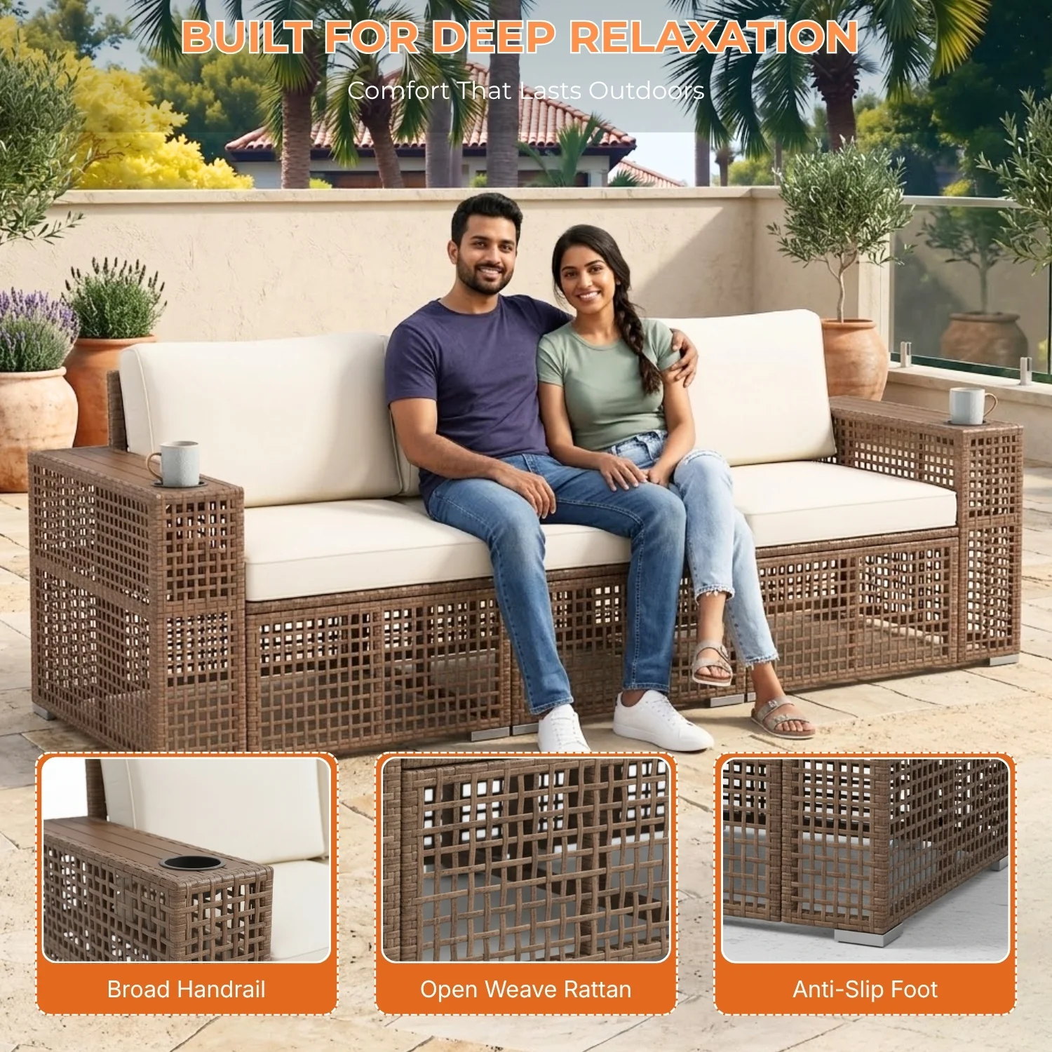 Outdoor Rattan Wicker Patio Conversation Furniture Set (Dark Brown & Cream) - Image 4