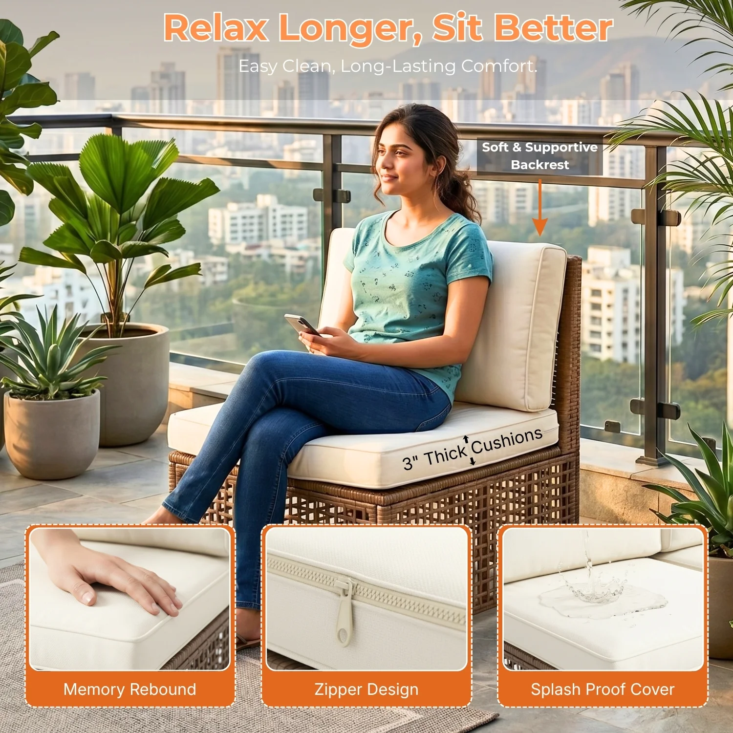Outdoor Rattan Wicker Patio Conversation Furniture Set (Dark Brown & Cream) - Image 5