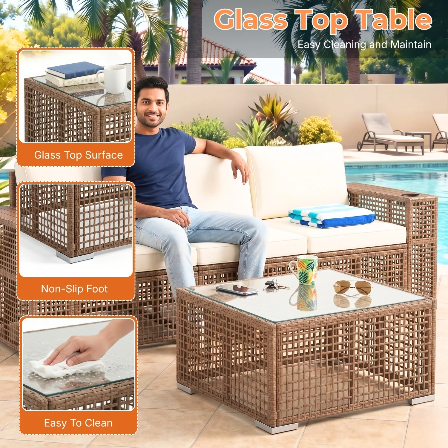 Outdoor Rattan Wicker Patio Conversation Furniture Set (Dark Brown & Cream) - Image 6