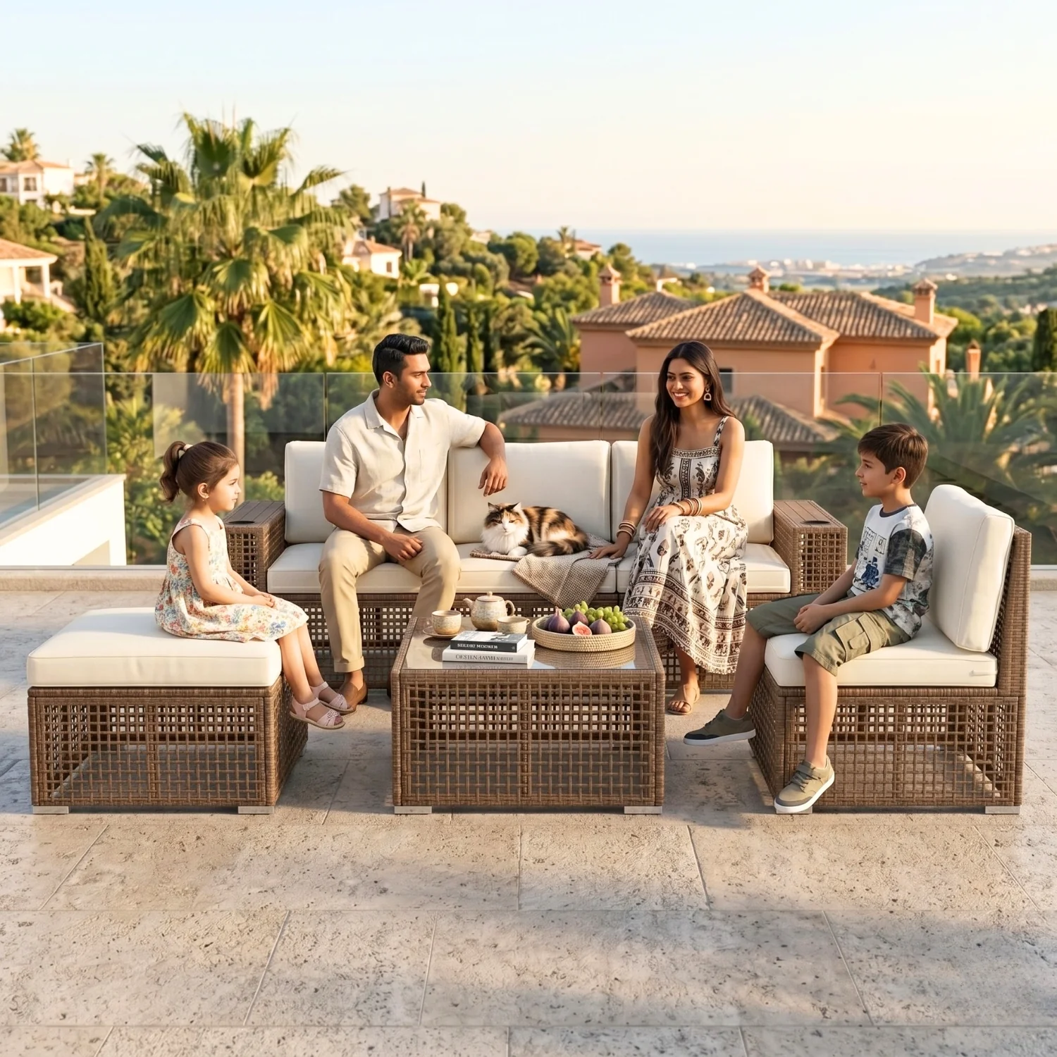 Outdoor Rattan Wicker Patio Conversation Furniture Set (Dark Brown & Cream) - Image 9