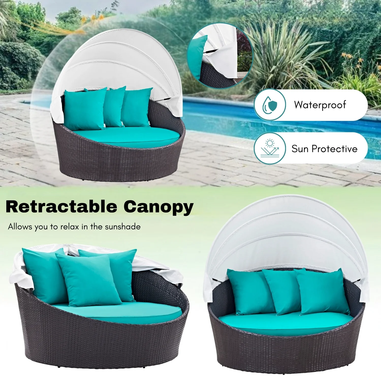 Outdoor Rattan Wicker Patio Daybed with Retractable Canopy - Image 6