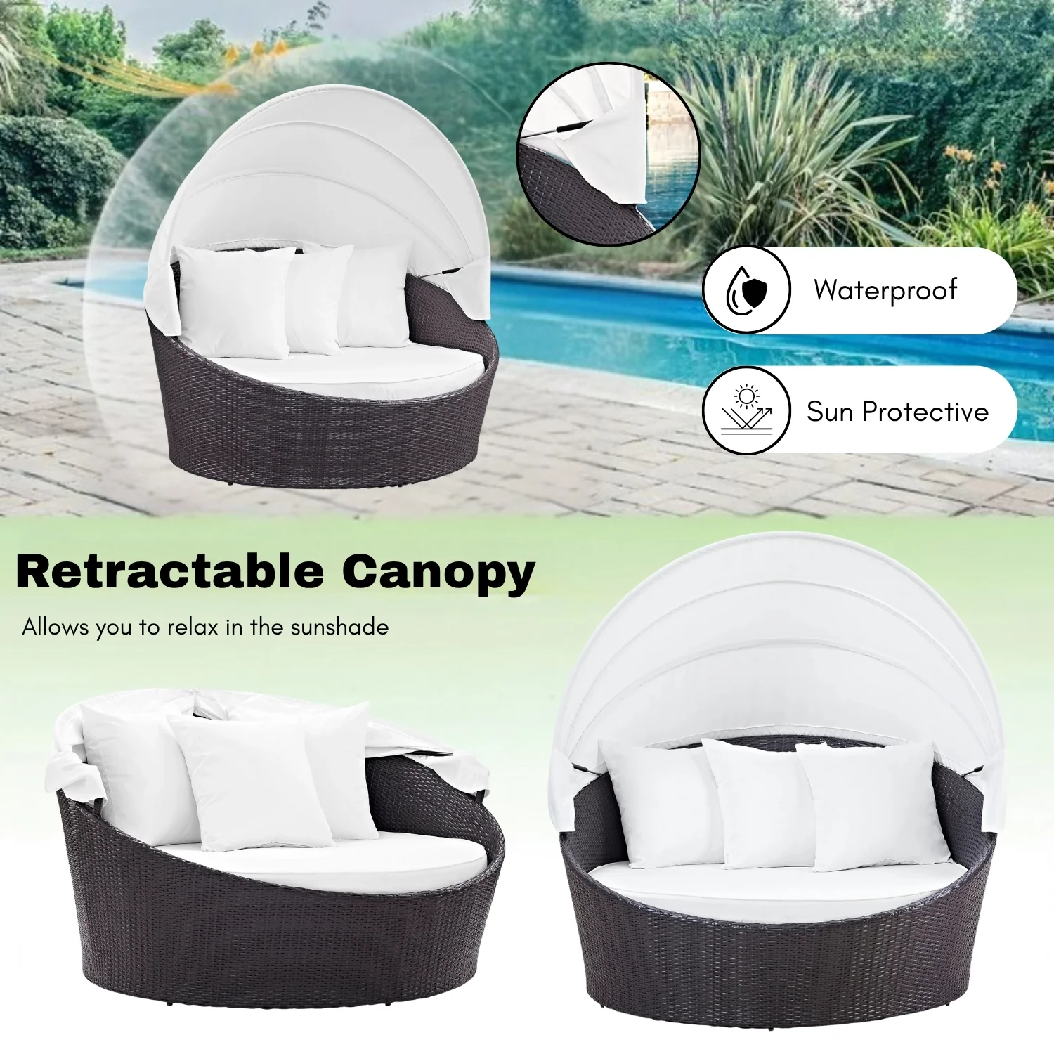 Outdoor Rattan Wicker Patio Daybed with Retractable Canopy - Image 6