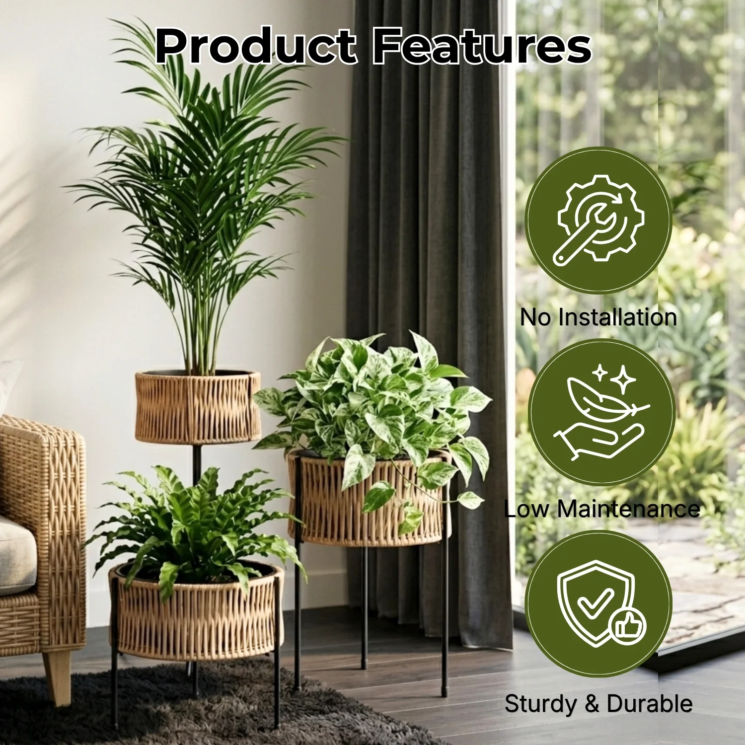 Outdoor Rattan Wicker Planter Set of 3 (Beige) - Image 4