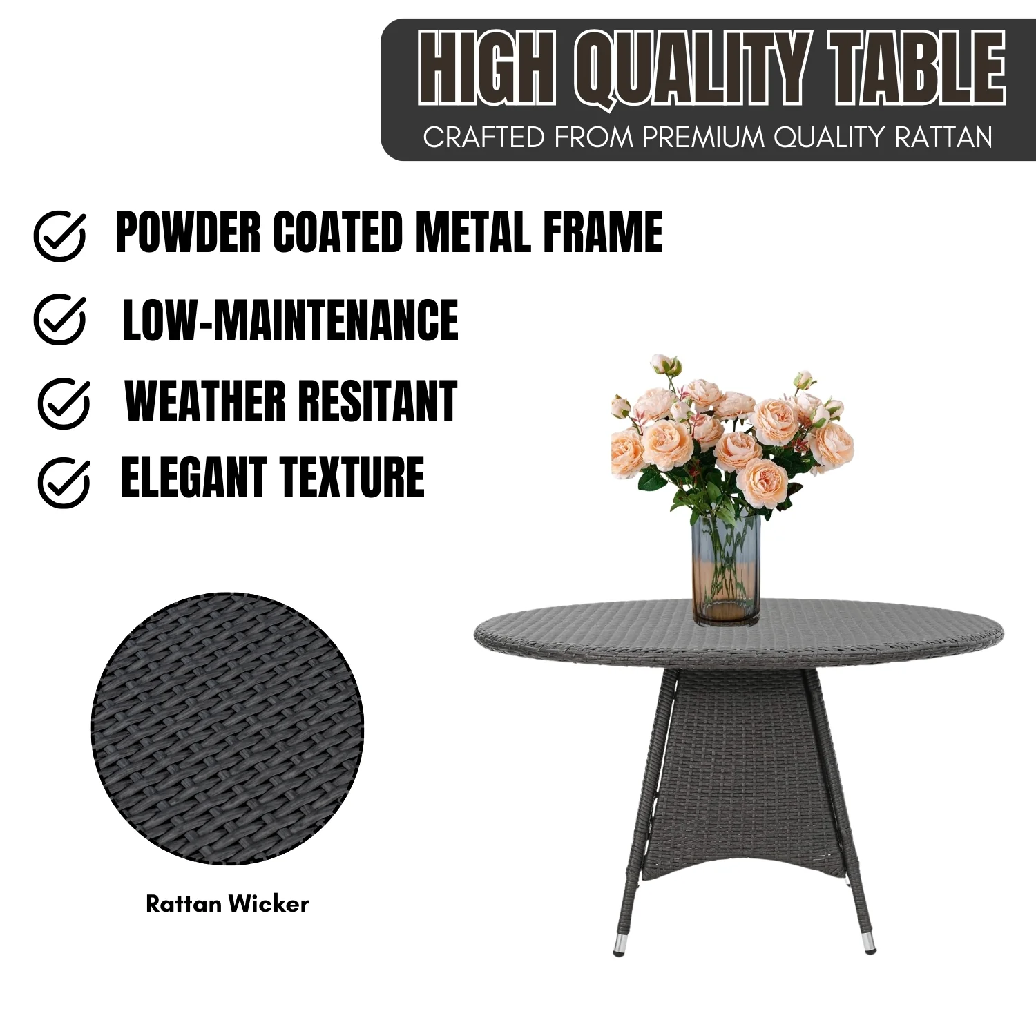 Outdoor Rattan Wicker Round Patio Table (Black) - Image 5