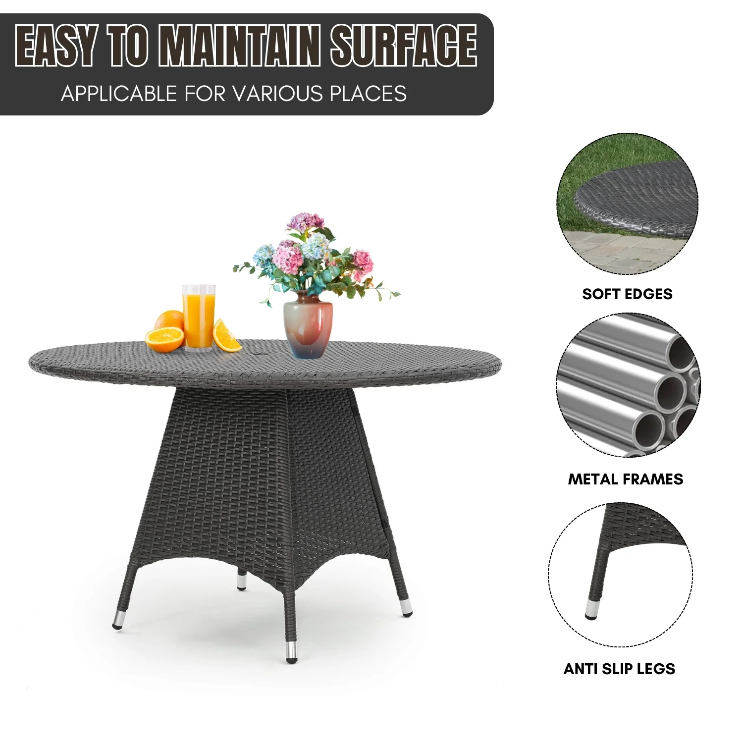 Outdoor Rattan Wicker Round Patio Table (Black) - Image 6