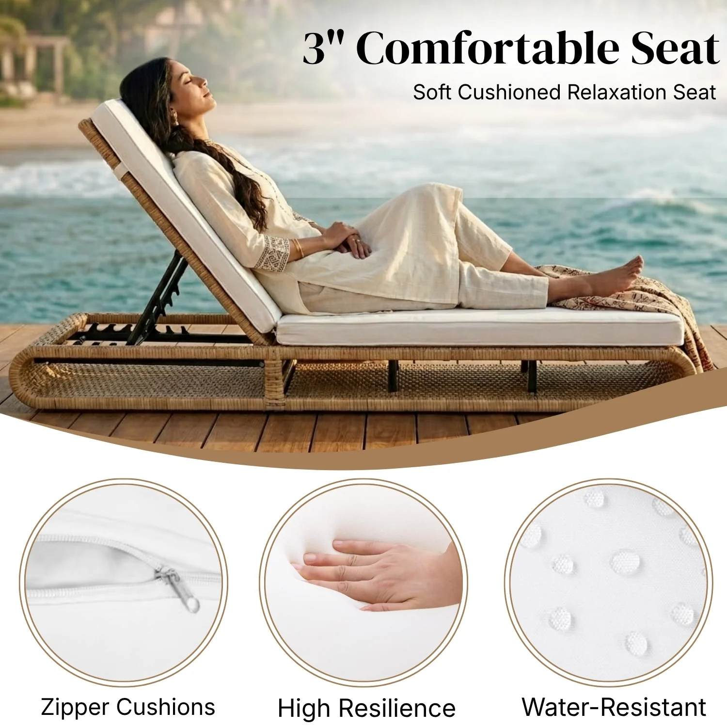 Outdoor Rattan Wicker Single Lounger Chair (Beige & Off-White) - Image 4