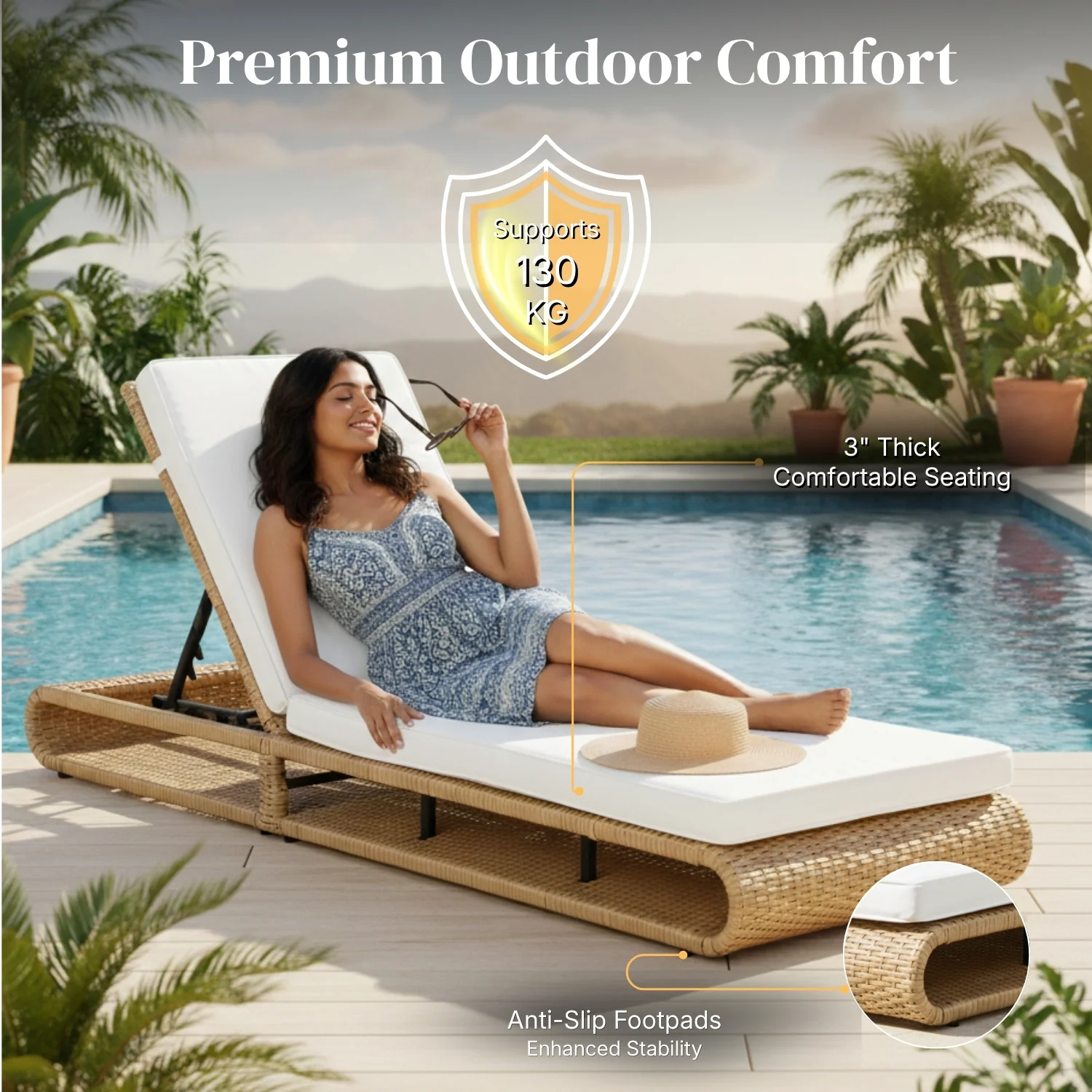 Outdoor Rattan Wicker Single Lounger Chair (Beige & Off-White) - Image 6