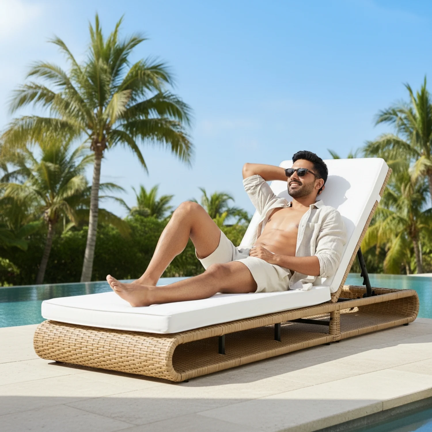 Outdoor Rattan Wicker Single Lounger Chair (Beige & Off-White) - Image 8