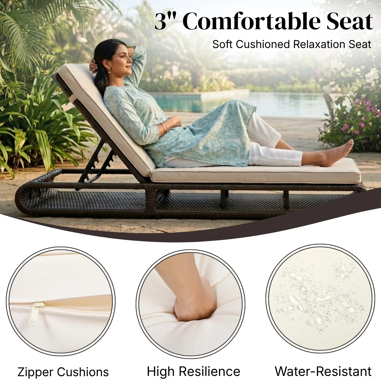 Outdoor Rattan Wicker Single Lounger Chair (Dark Brown & Cream) - Image 4