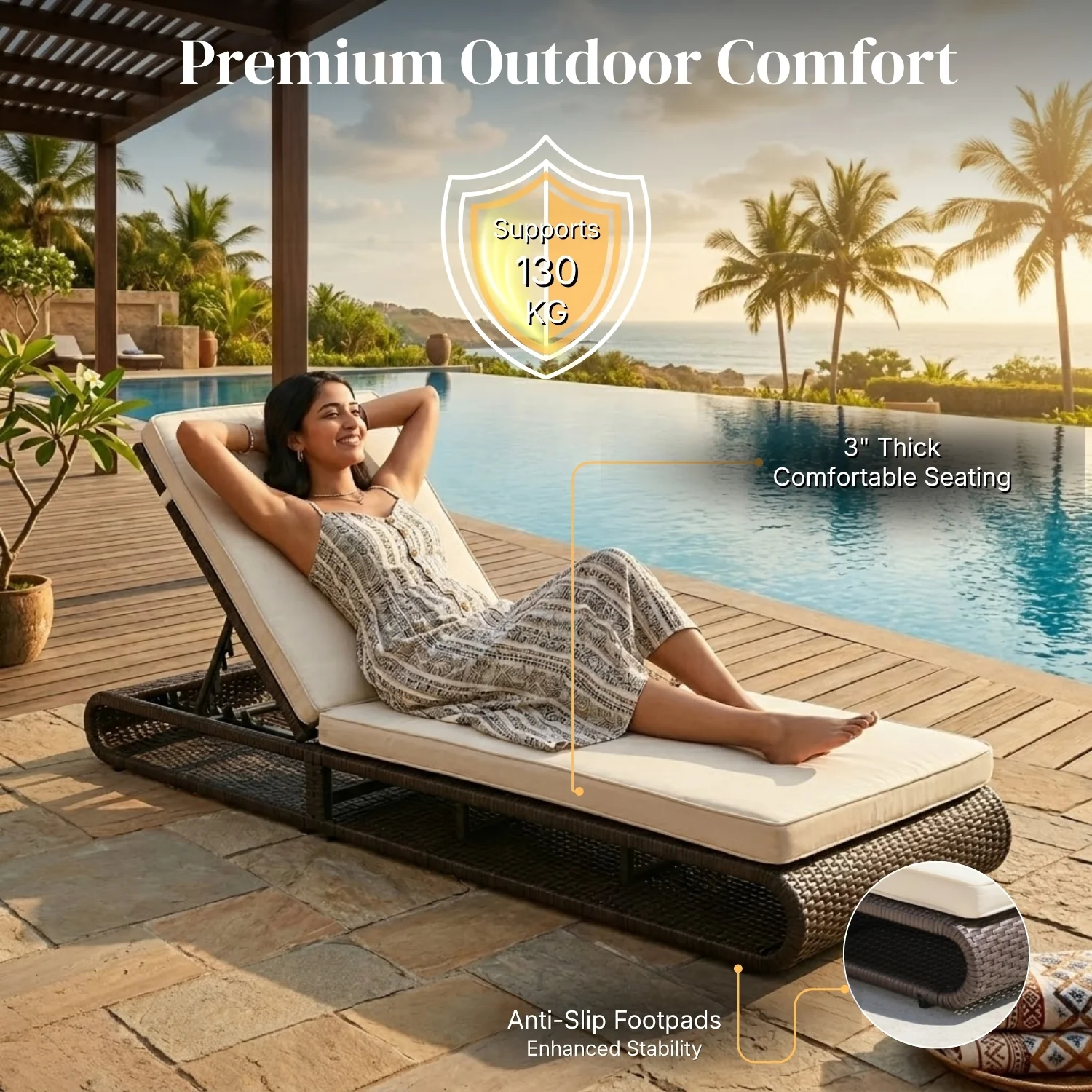 Outdoor Rattan Wicker Single Lounger Chair (Dark Brown & Cream) - Image 6