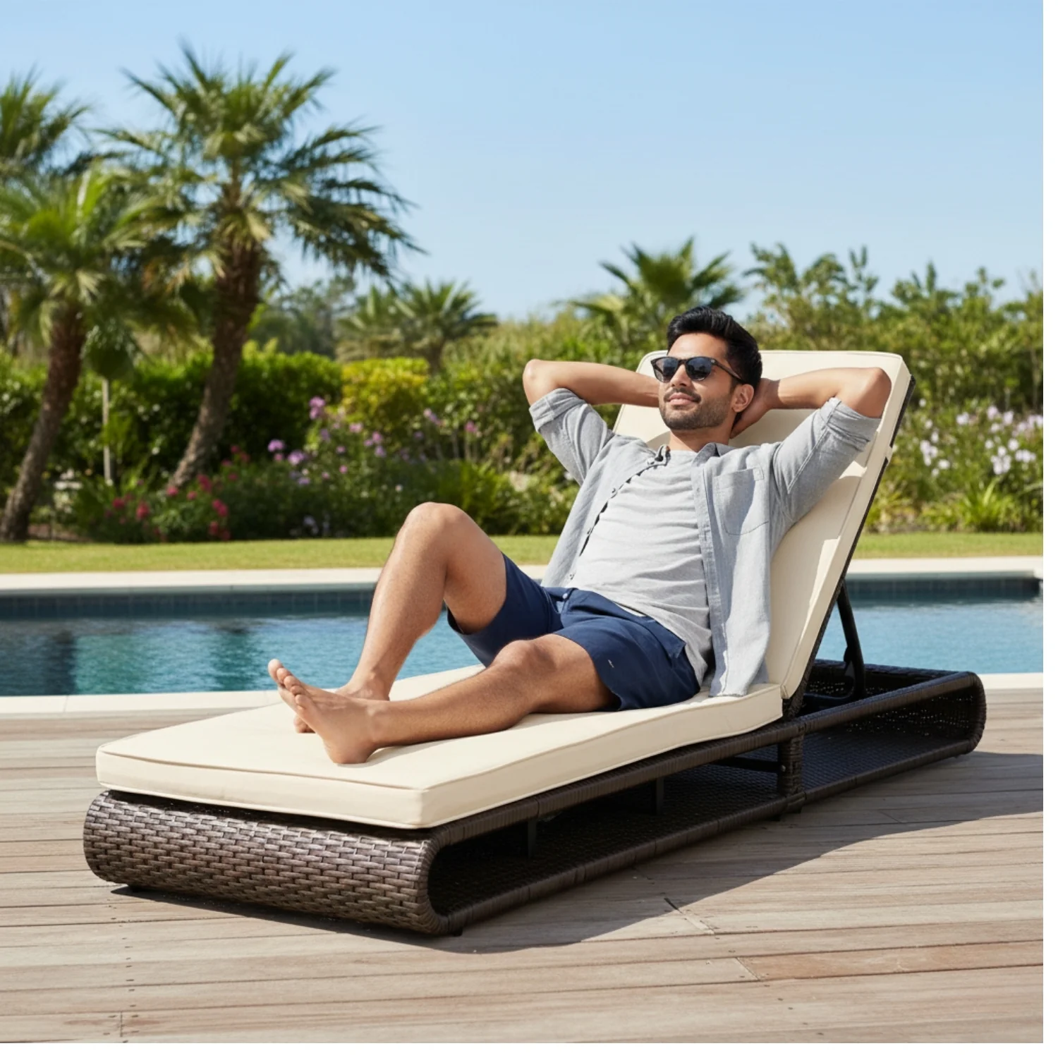 Outdoor Rattan Wicker Single Lounger Chair (Dark Brown & Cream) - Image 8