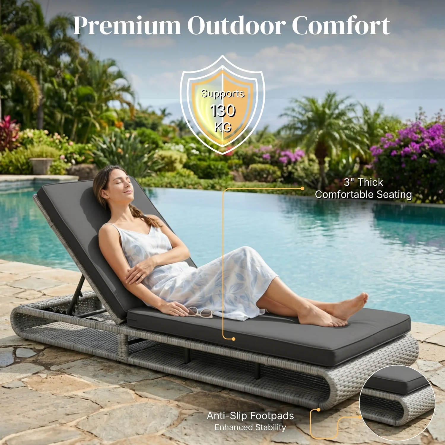 Outdoor Rattan Wicker Single Lounger Chair (Silver Grey & Dark Grey) - Image 6