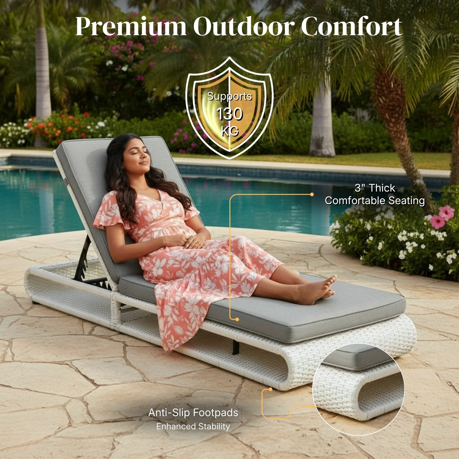 Outdoor Rattan Wicker Single Lounger Chair (White & Grey) - Image 6
