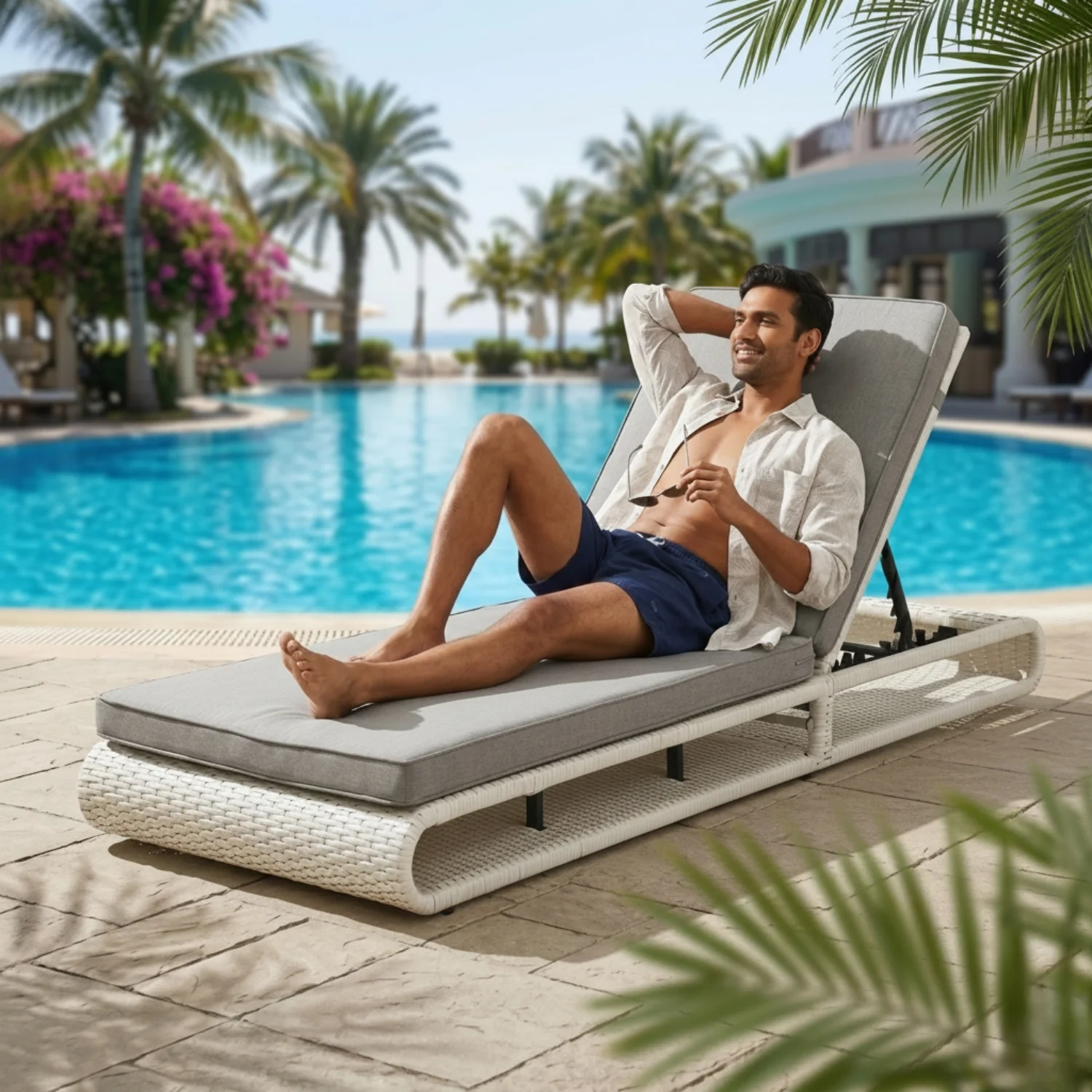 Outdoor Rattan Wicker Single Lounger Chair (White & Grey) - Image 7