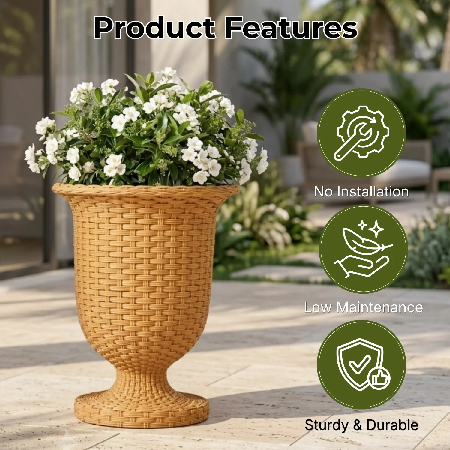 Outdoor Rattan Wicker Urn Planter Set of 3 (Beige) - Image 4