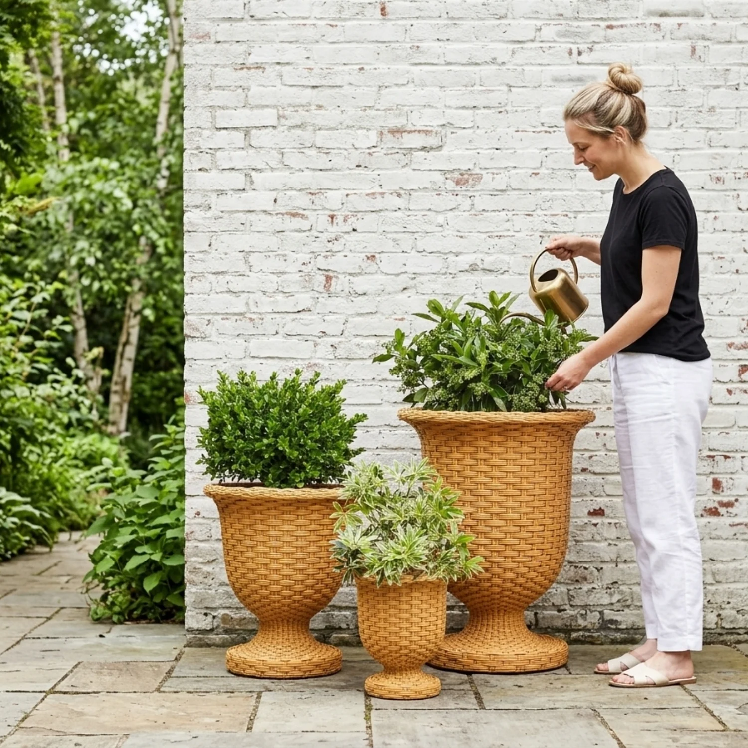 Outdoor Rattan Wicker Urn Planter Set of 3 (Beige) - Image 5