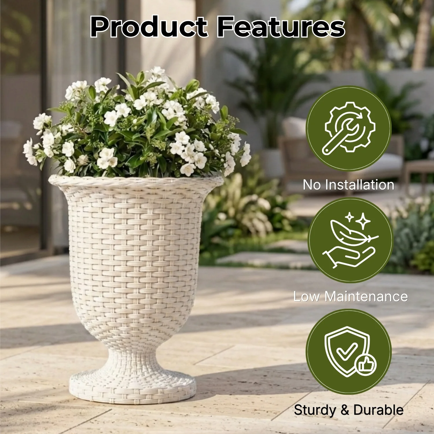 Outdoor Rattan Wicker Urn Planter Set of 3 (White) - Image 4