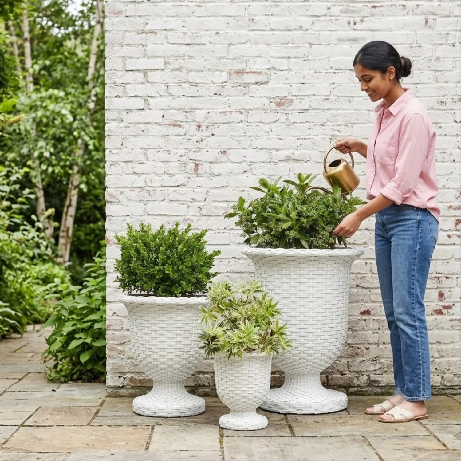 Outdoor Rattan Wicker Urn Planter Set of 3 (White) - Image 5
