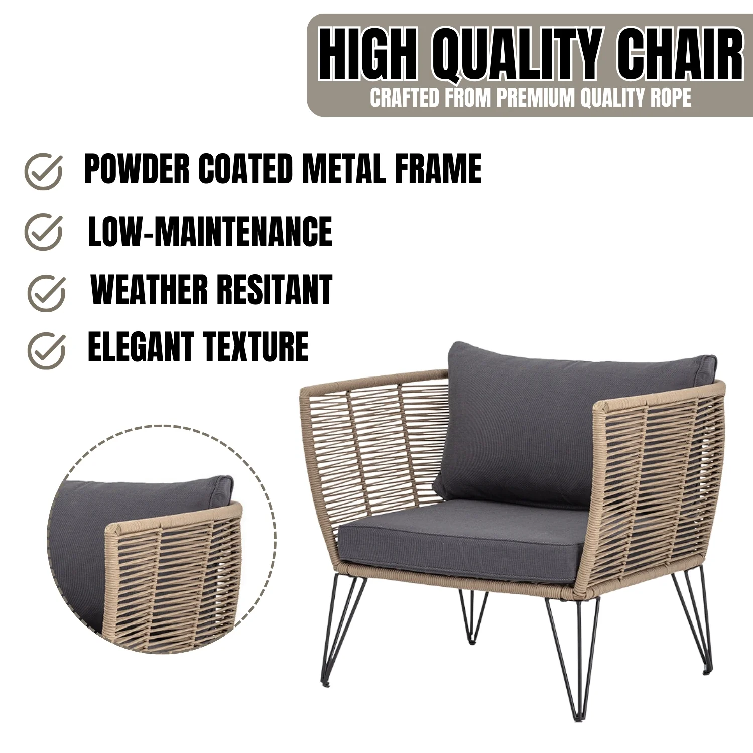 Outdoor Rope 1 Piece Patio Single Seater Sofa - Image 4