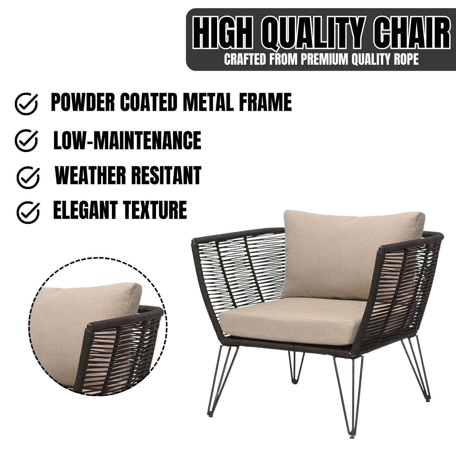 Outdoor Rope 1 Piece Patio Single Seater Sofa - Image 4