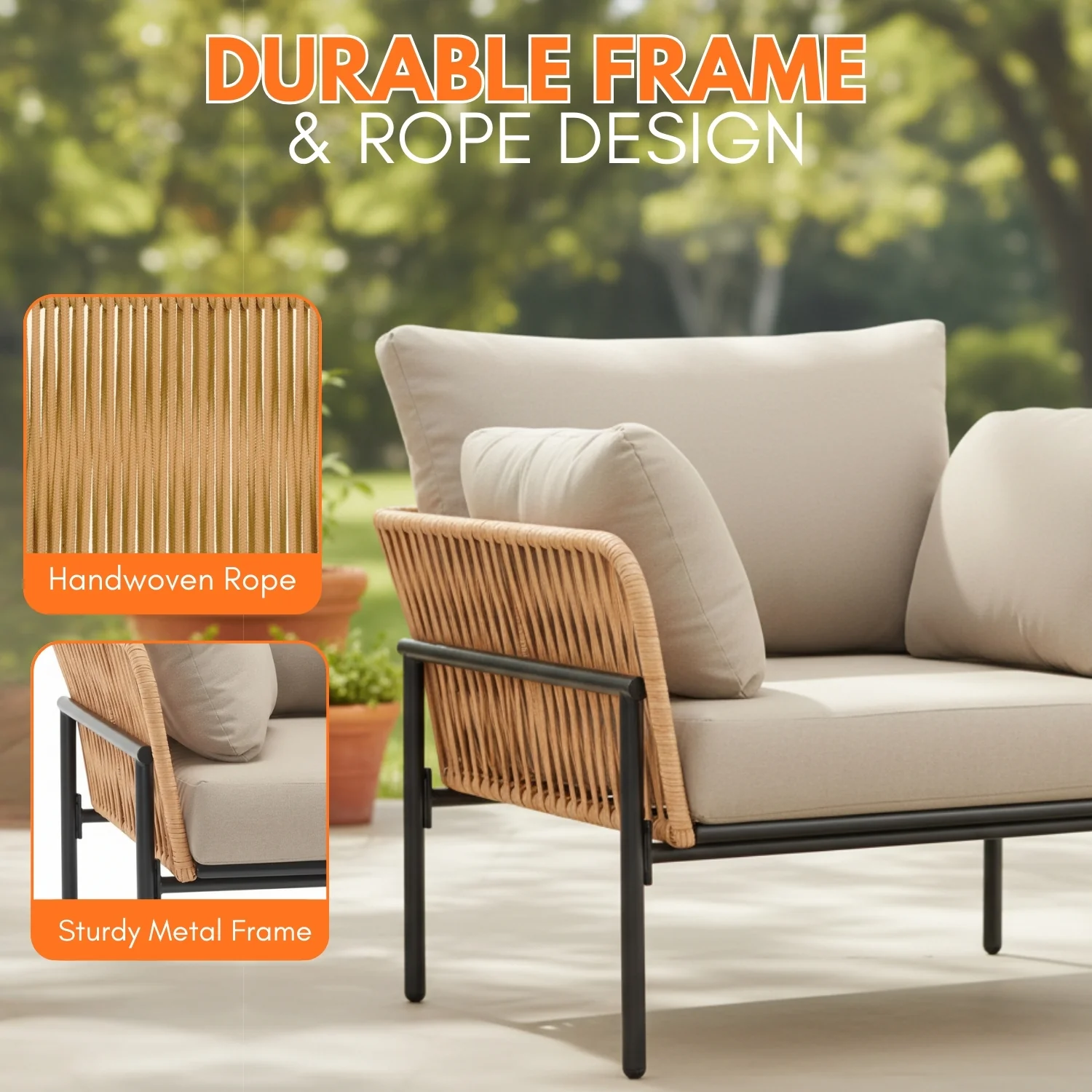 Outdoor Rope 2-Piece Single Seater Sofa (Beige & Cream) - Image 4